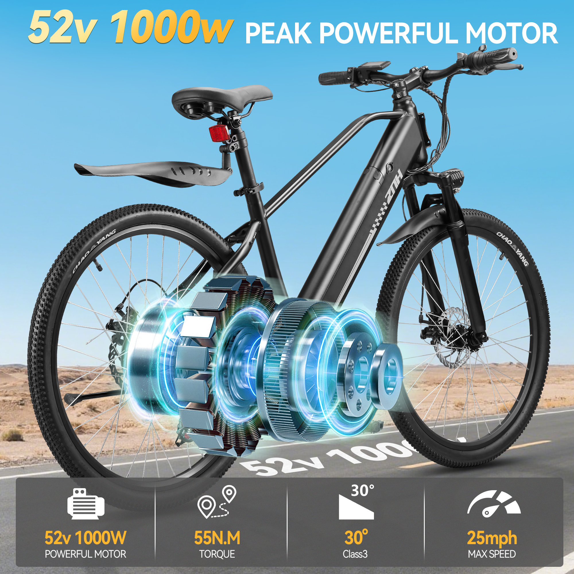 Electric Bike 1000W Peak for Adult,48V Removable Battery,20MPH,7-Speed,26" Electric Mountain Bike