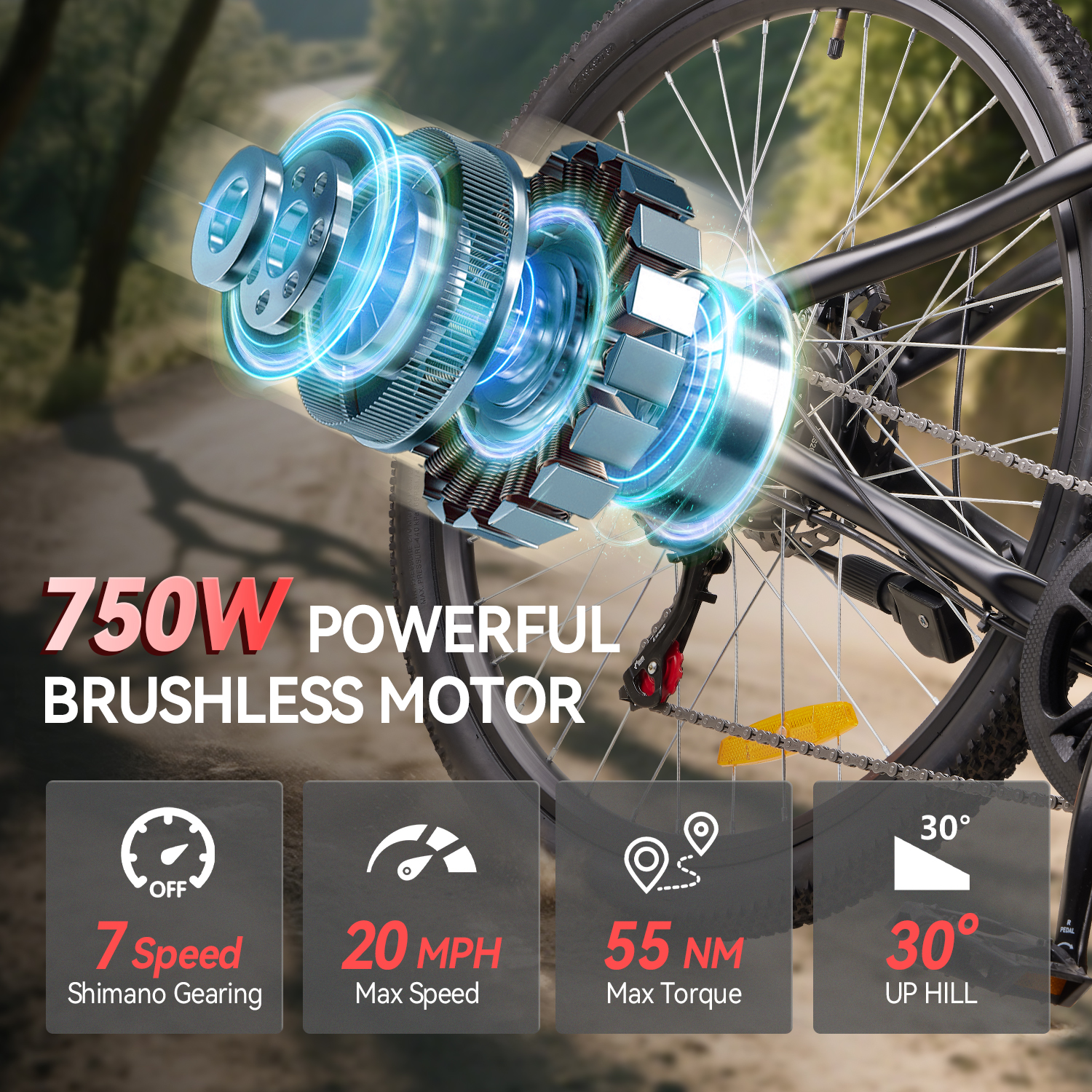 ZNH 26 Inch Off-Road Mountain Electric Bike for Adults 16+, 750W Brushless Motor Ebike, 48V 13Ah UL2849 Removable Battery, Max 20MPH, Shimano 7-Speed, Recreational Trail Use Only, Blue