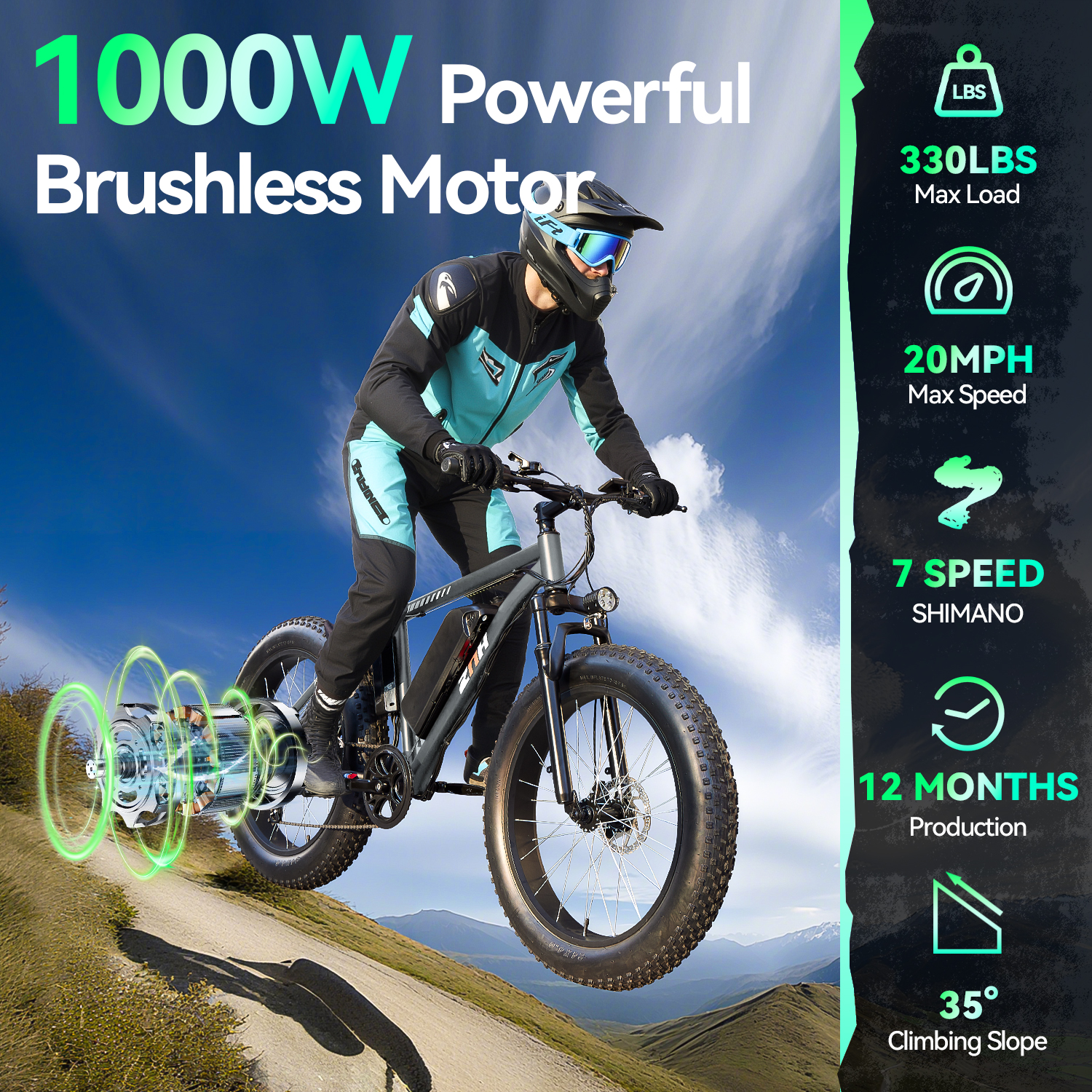ZNH 1000w Peak Electric Bicycle for Adults w 48V 13Ah Removable Battery Up to 20mph，24”*4.0” Fat Tire Ebike for Snow & Beach，Electric Mountain Bike with 7 Speed，UL2849，Gray