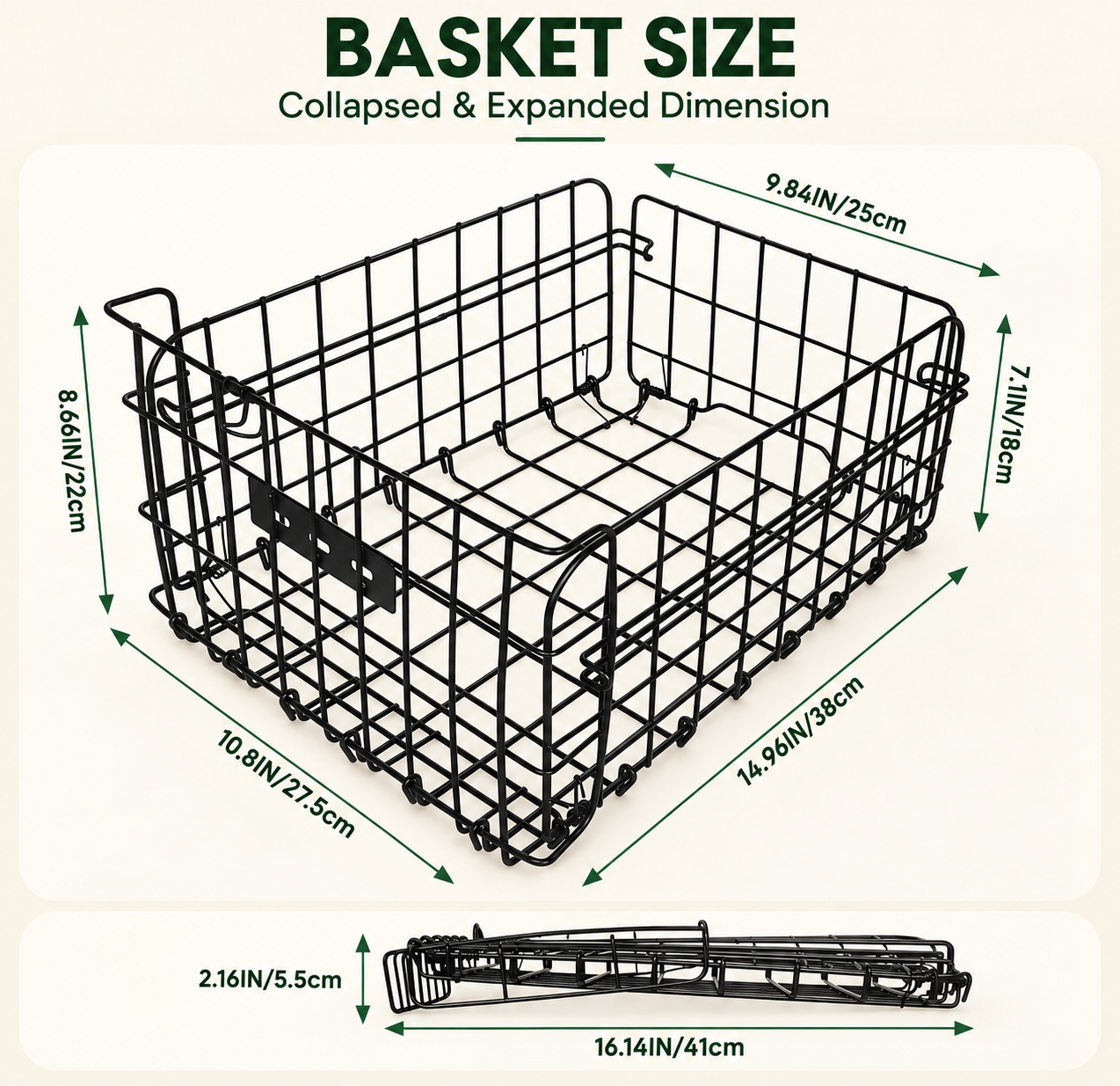 Folding Rear Bike Basket with Removable Liner, Rain Cover & Cargo Net, Quick-Release Basket for Most Bicycle Rear Racks