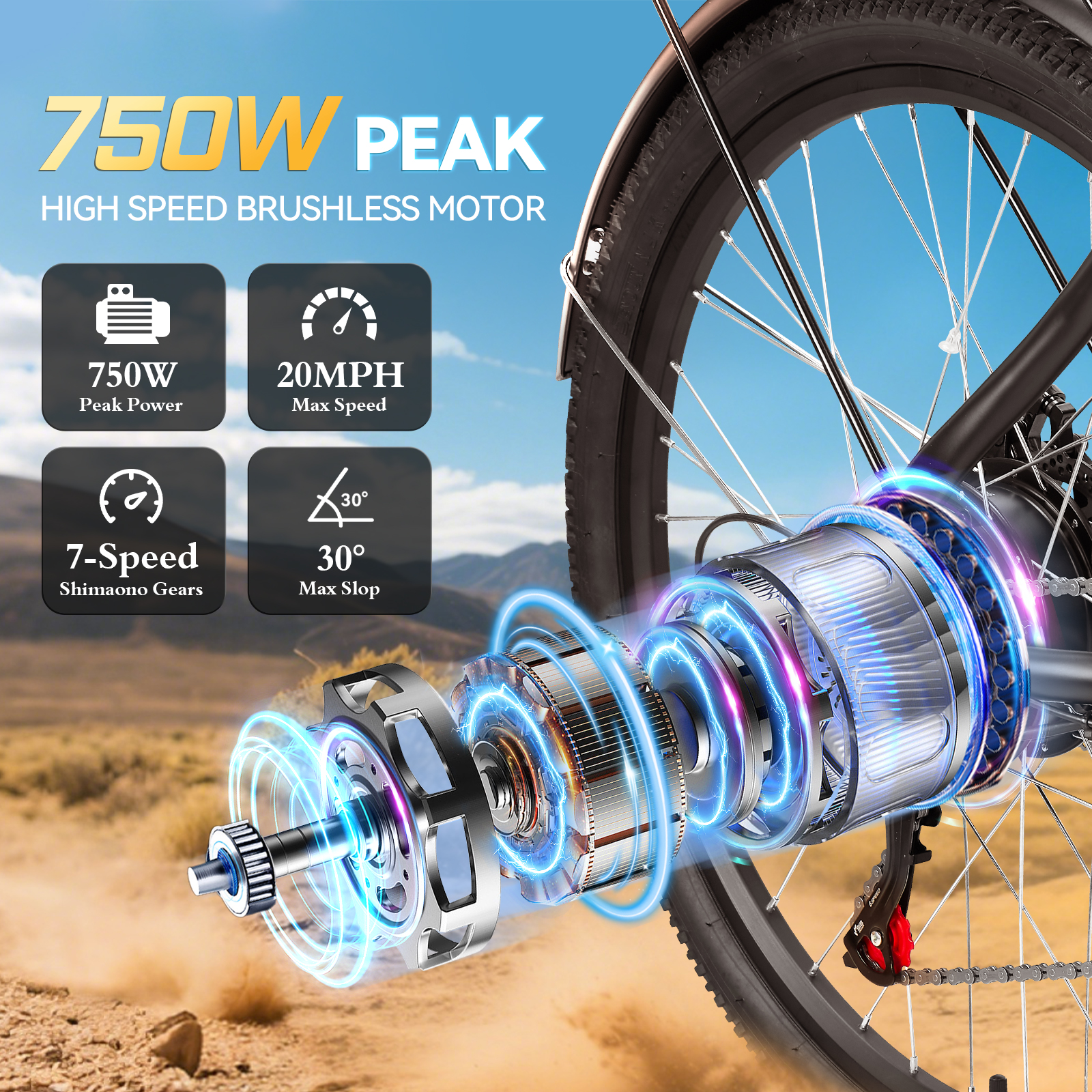 ZNH-17S，750W Peak Electric Bike for Adult,26" Tires 50Miles Range Commuting Ebike,Removable,20MPH,7-Speed