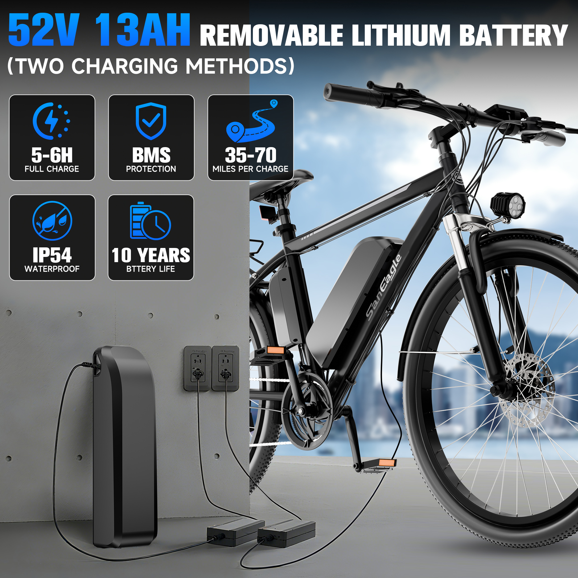 Saneagle 500W Electric Bike | 1000W Peak Assist, 52V 15Ah Battery, 26" Tire, Shimano 21-Speed, UL 2849 Certified, Black