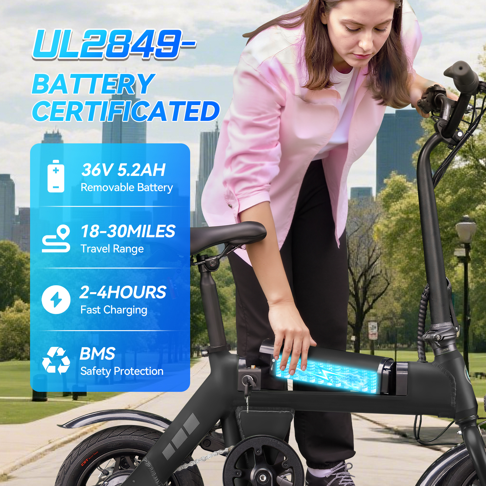 ZNH-01，12" Electric Bike, 400W Peak Motor, 36V Removable Battery,15.5 mph Folding Ebike