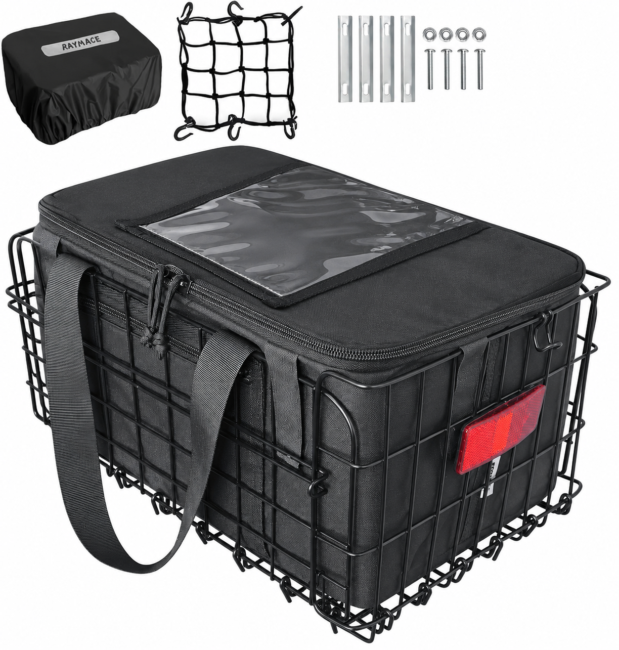 Folding Rear Bike Basket with Removable Liner, Rain Cover & Cargo Net, Quick-Release Basket for Most Bicycle Rear Racks