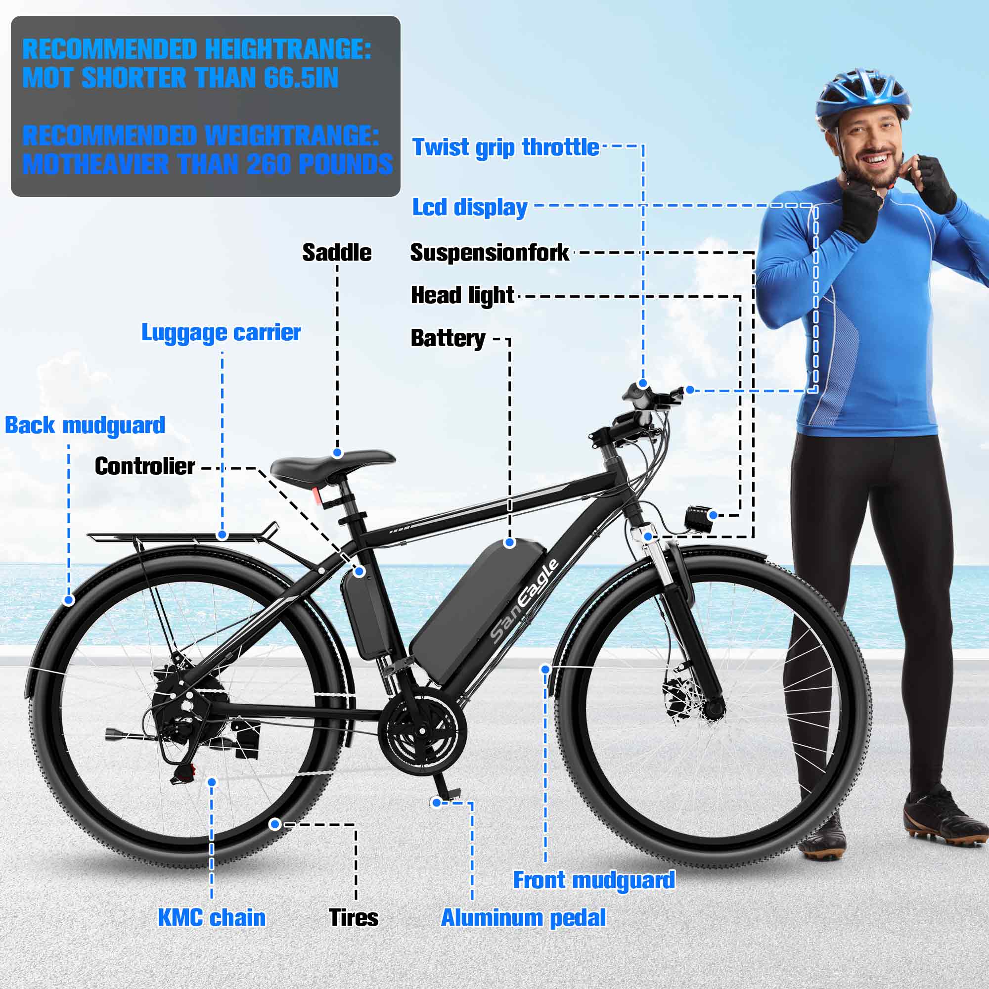 Saneagle 500W Electric Bike | 1000W Peak Assist, 52V 15Ah Battery, 26" Tire, Shimano 21-Speed, UL 2849 Certified, Black