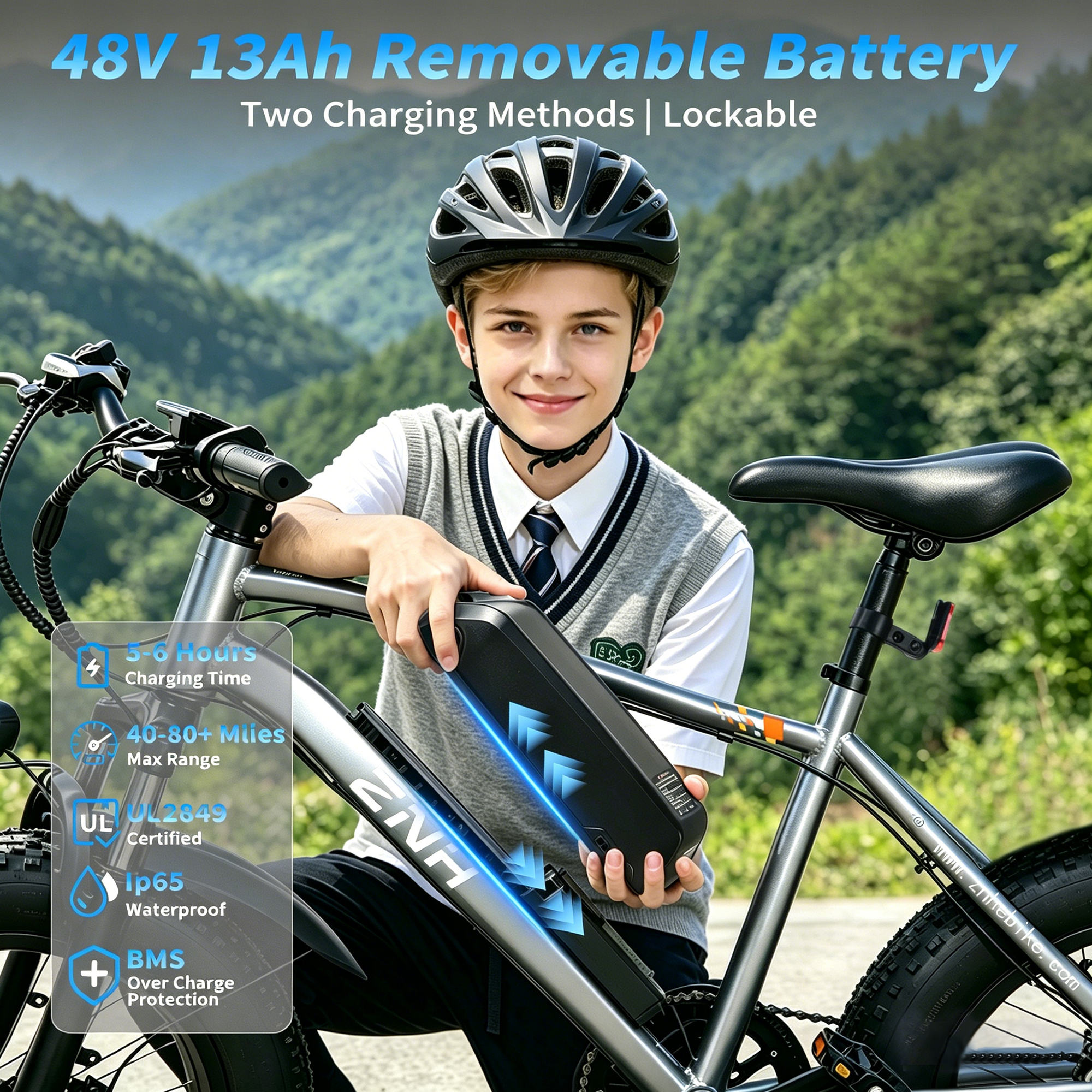 ZNH Peak 1000W Fat Tire Electric Bike for Teens & Adults, 20×4" All-Terrain Off-Road E-Bike, 48V 13Ah UL2849 Removable Battery, Max 20MPH Long Range 40+ Miles Mountain Ebike, Gray