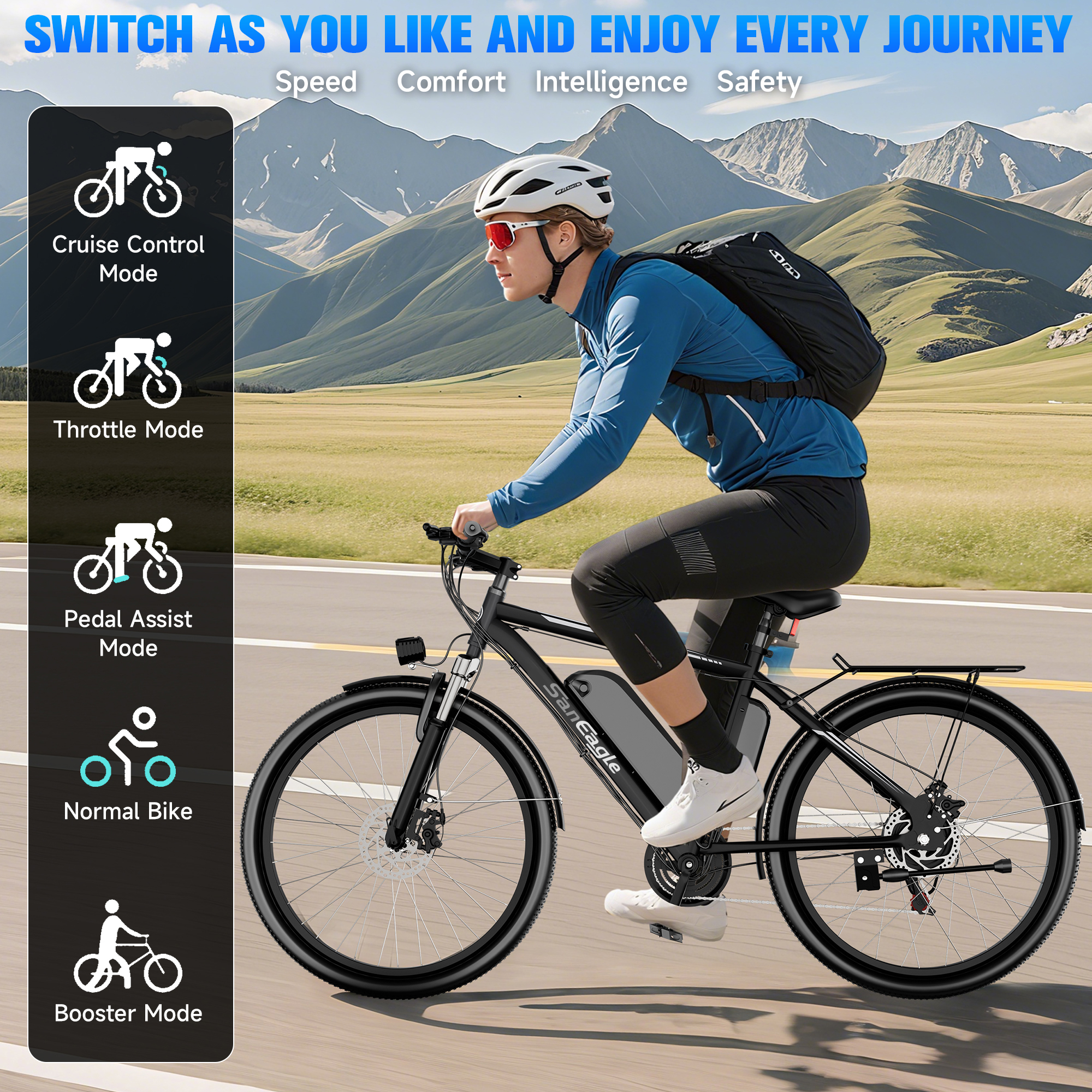 Saneagle 500W Electric Bike | 1000W Peak Assist, 52V 15Ah Battery, 26" Tire, Shimano 21-Speed, UL 2849 Certified, Black