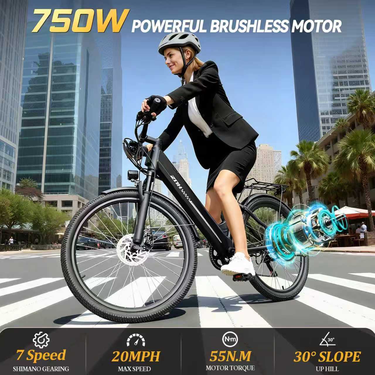 ZNH-17SR  26"Low Step Commuter Electric Bike for Adults|750W Powerful Motor Adult Electric Bicycles Max 20mph|48V 13Ah Removable Battery Women City Ebike|UL2849|Black