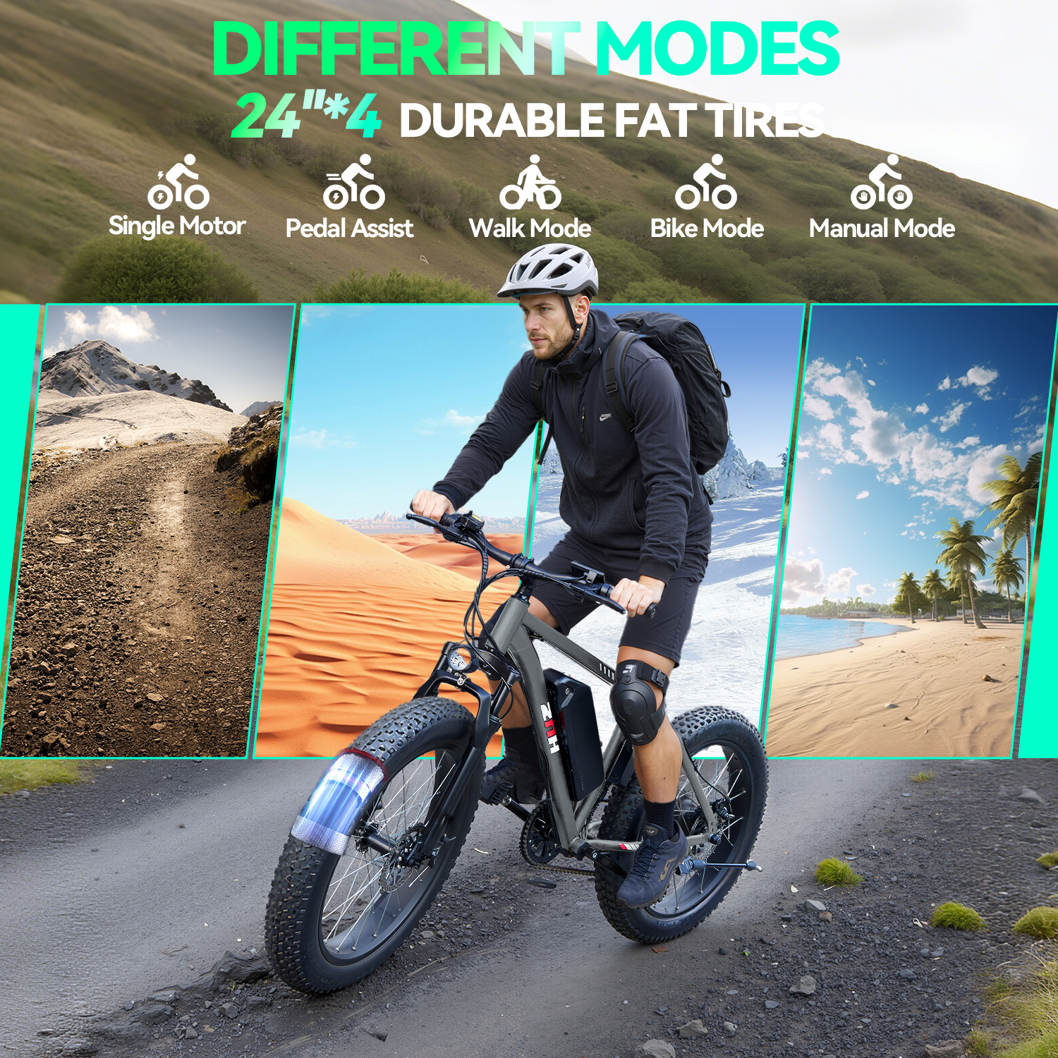 ZNH 1000w Peak Electric Bicycle for Adults w 48V 13Ah Removable Battery Up to 20mph，24”*4.0” Fat Tire Ebike for Snow & Beach，Electric Mountain Bike with 7 Speed，UL2849，Gray