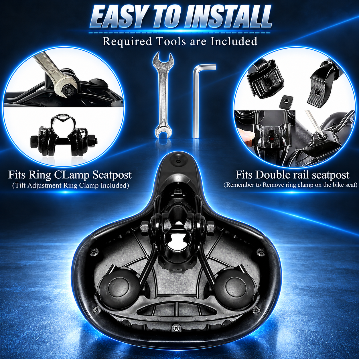 Wide 31.8‘’ Comfort bike Saddle | Memory Foam Padded Bicycle Seat, Hollow Vent & Shock-Absorbing Springs, Rear Reflective Strip, Universal Replacement Seat for E-Bike, Mountain & City Bike, With Install Tools