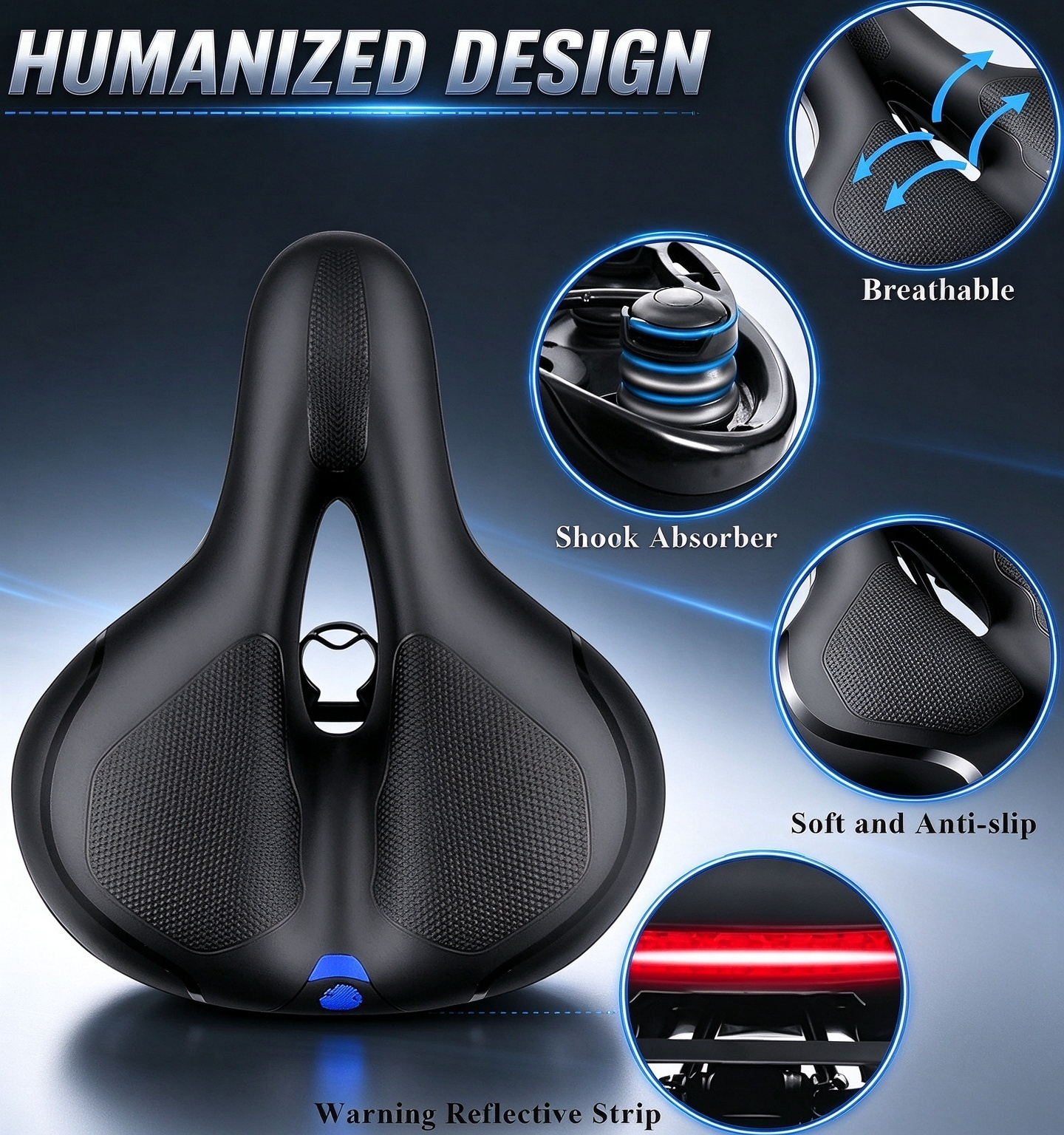 Wide 31.8‘’ Comfort bike Saddle | Memory Foam Padded Bicycle Seat, Hollow Vent & Shock-Absorbing Springs, Rear Reflective Strip, Universal Replacement Seat for E-Bike, Mountain & City Bike, With Install Tools