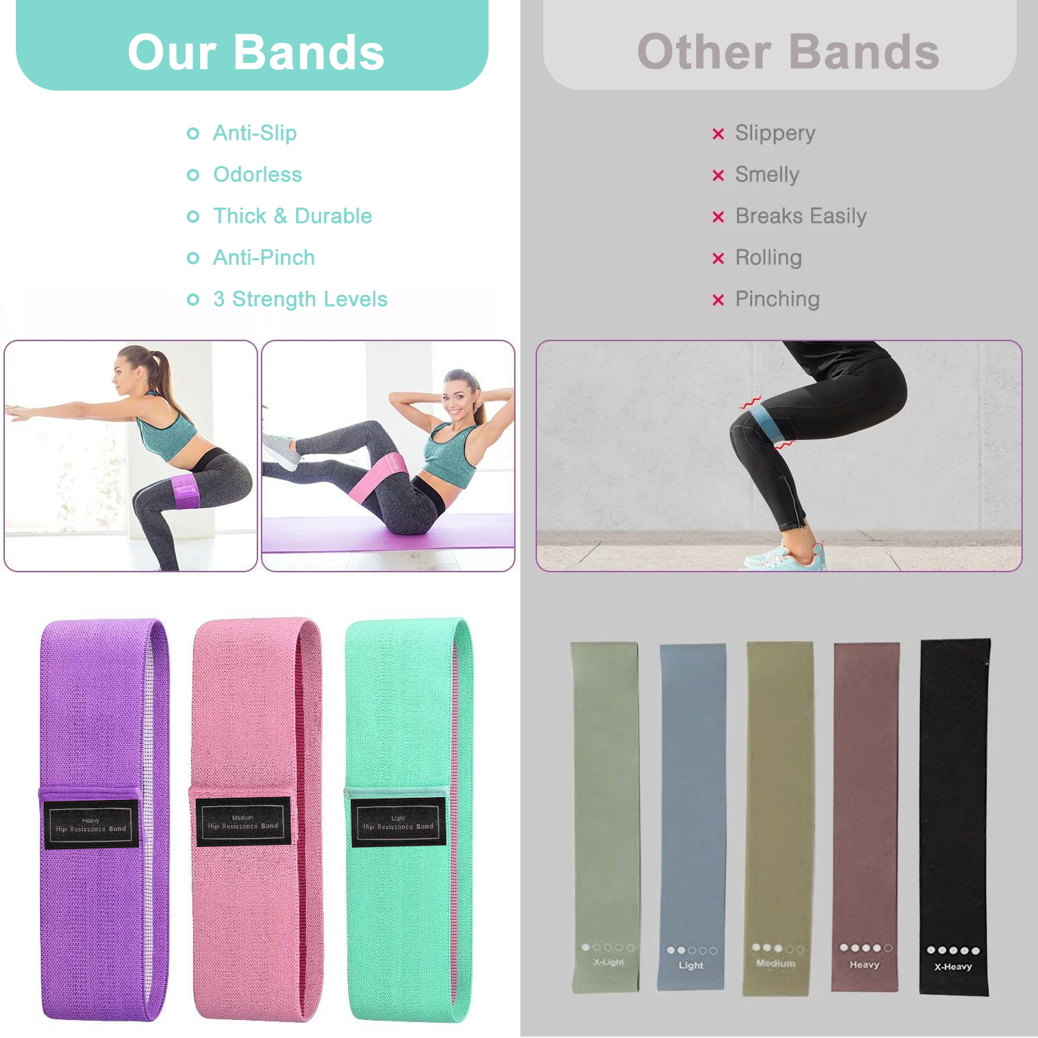Non-Slip Resistance Bands for Legs & Glutes - 3 Level Elastic Workout Bands for Squats, Hip & Glute Training - Fitness Bands for Women
