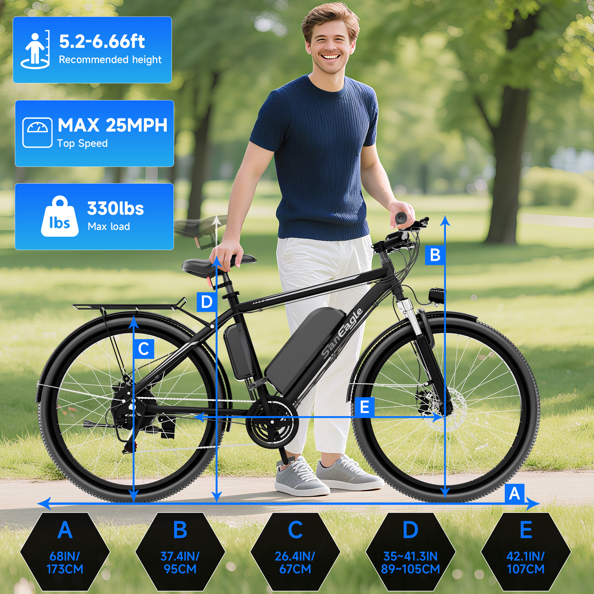 Saneagle 500W Electric Bike | 1000W Peak Assist, 52V 15Ah Battery, 26" Tire, Shimano 21-Speed, UL 2849 Certified, Black