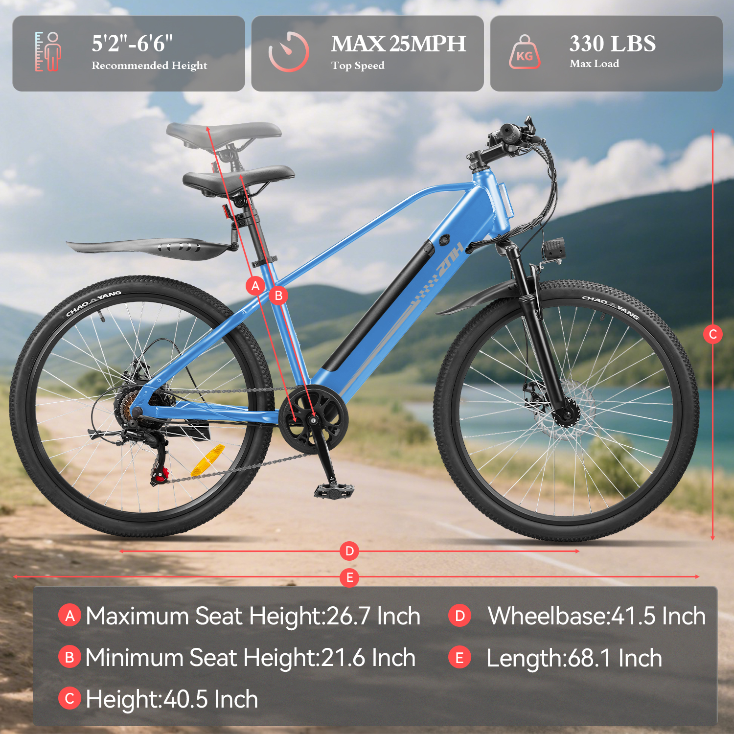 ZNH 26 Inch Off-Road Mountain Electric Bike for Adults 16+, 750W Brushless Motor Ebike, 48V 13Ah UL2849 Removable Battery, Max 20MPH, Shimano 7-Speed, Recreational Trail Use Only, Blue