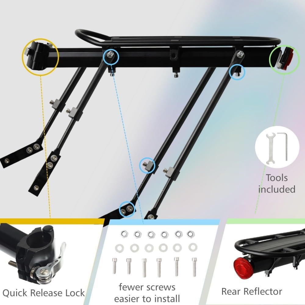 ZNH Universal Fat Tire Ebike Rear Rack, Quick Release Seat Post Mount Bike Cargo Carrier with Reflector, Heavy‑Duty 132 LBS(60KG) Load Luggage Rack for Fat Tire E‑Bike & Mountain Bike