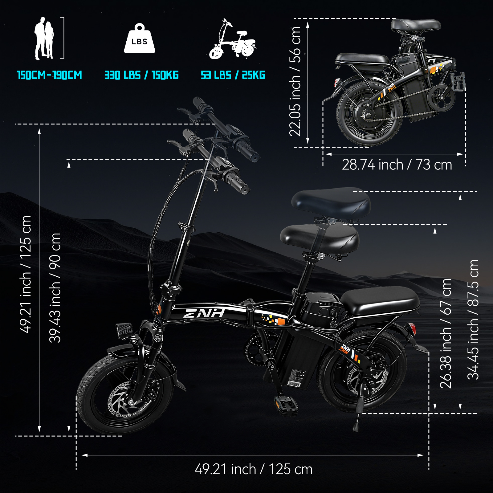 ZNH 500W Class 2 Folding Electric Bike for Adults | 14" Compact Commuter Ebike, 48V 13Ah Removable Battery, 60 Miles Range, UL2849 Certified