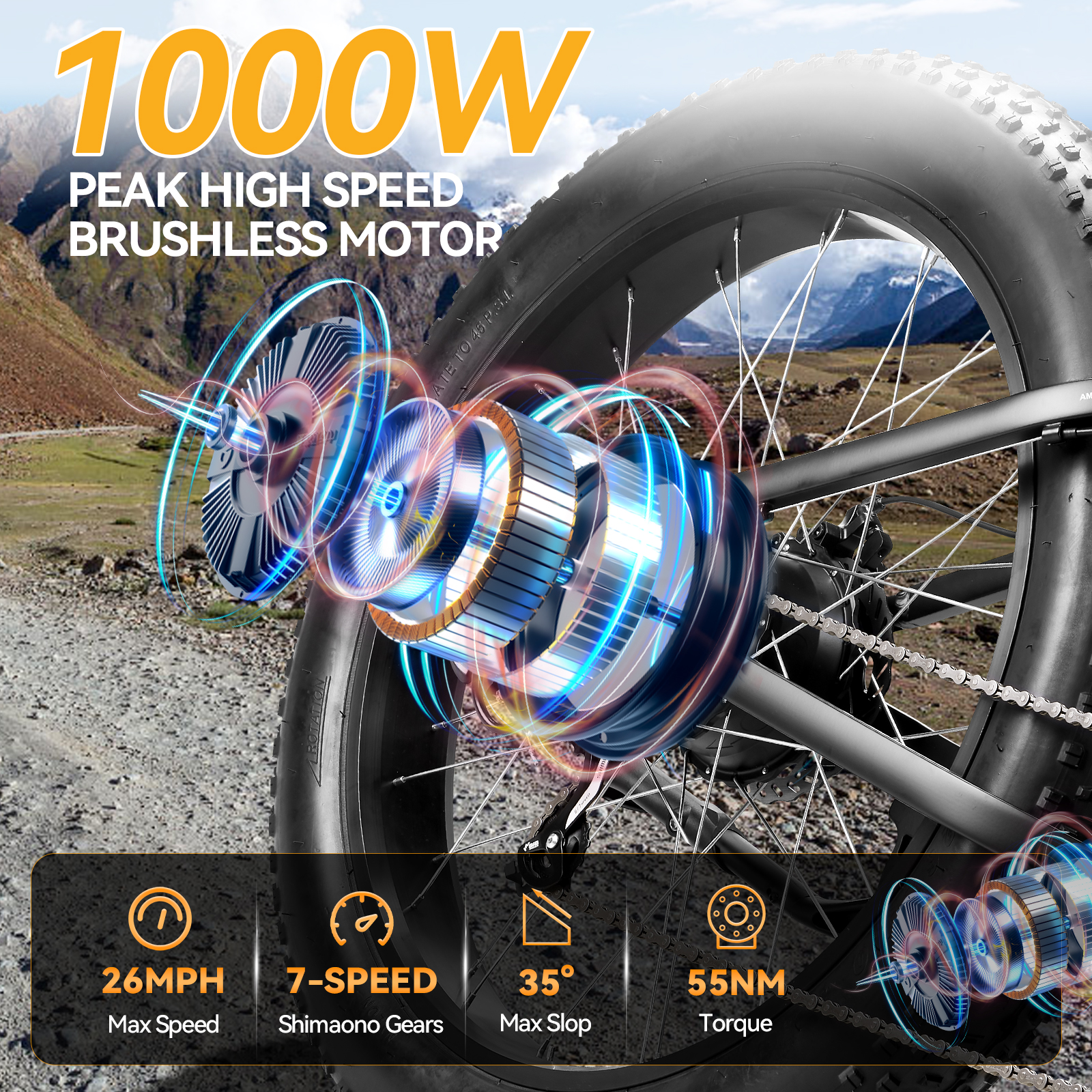 ZNH-08，All-Terrain Electric Mountain Bike – 1000W Motor, 50 Miles Range