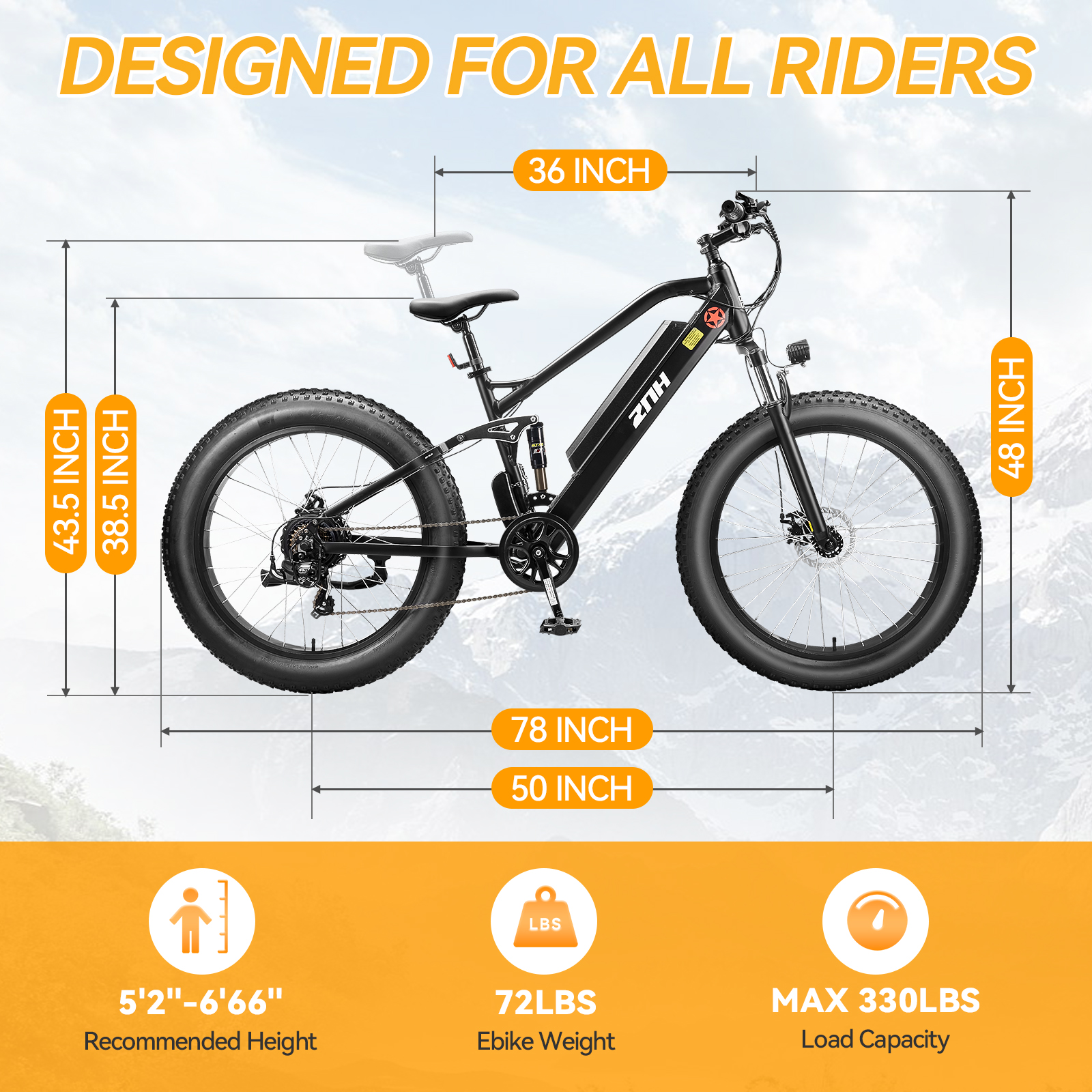 ZNH-08，All-Terrain Electric Mountain Bike – 1000W Motor, 50 Miles Range