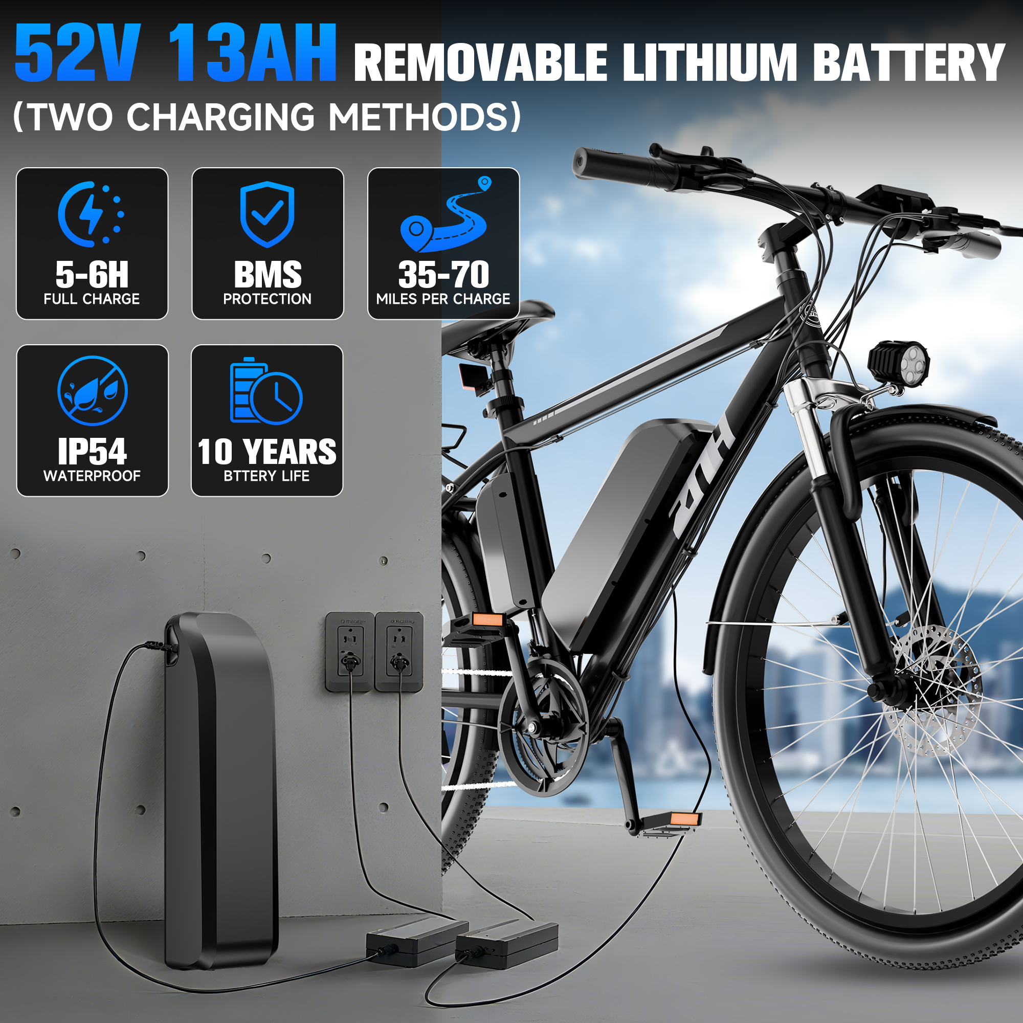 ZNH 02SR Rated 500W Peak 1000W Electric Mountain Bike for Adults, 26 Inch Off-Road E-Bike, 52V 13Ah UL2849 Removable Battery, Shimano 21-Speed Up to 70 Miles Range Ebike