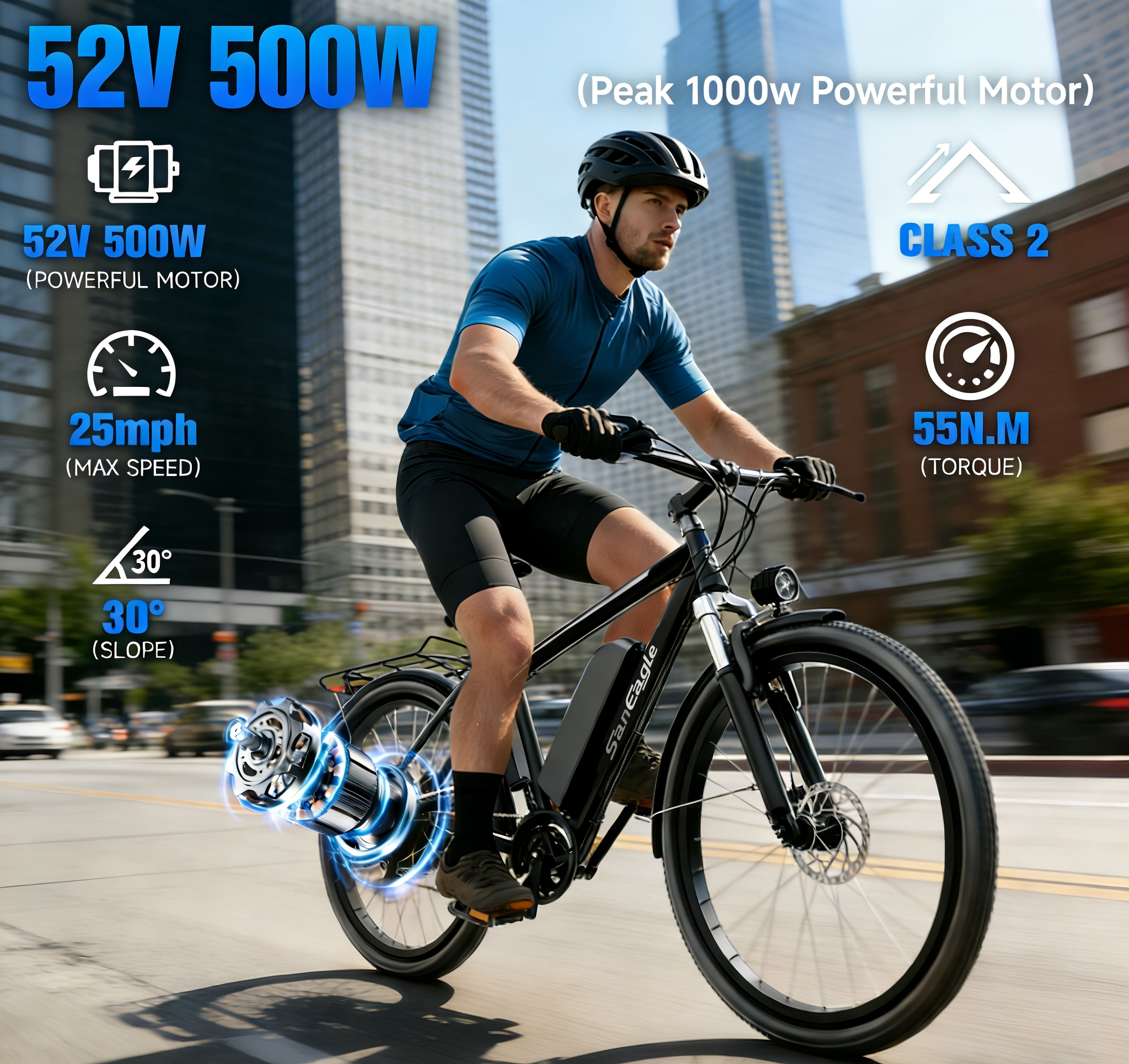 Saneagle 500W Electric Bike | 1000W Peak Assist, 52V 15Ah Battery, 26" Tire, Shimano 21-Speed, UL 2849 Certified, Black