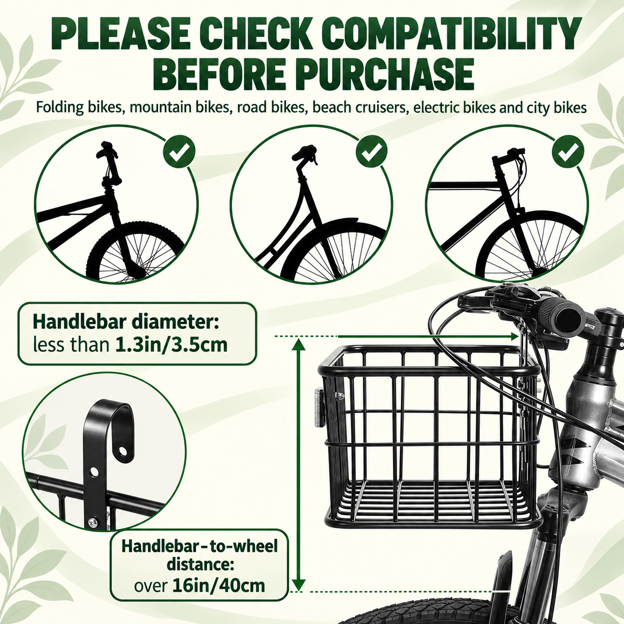 Front Bike Basket with Removable Liner Bag – Heavy-Duty Metal Bicycle Basket for E-Bikes & City Bikes