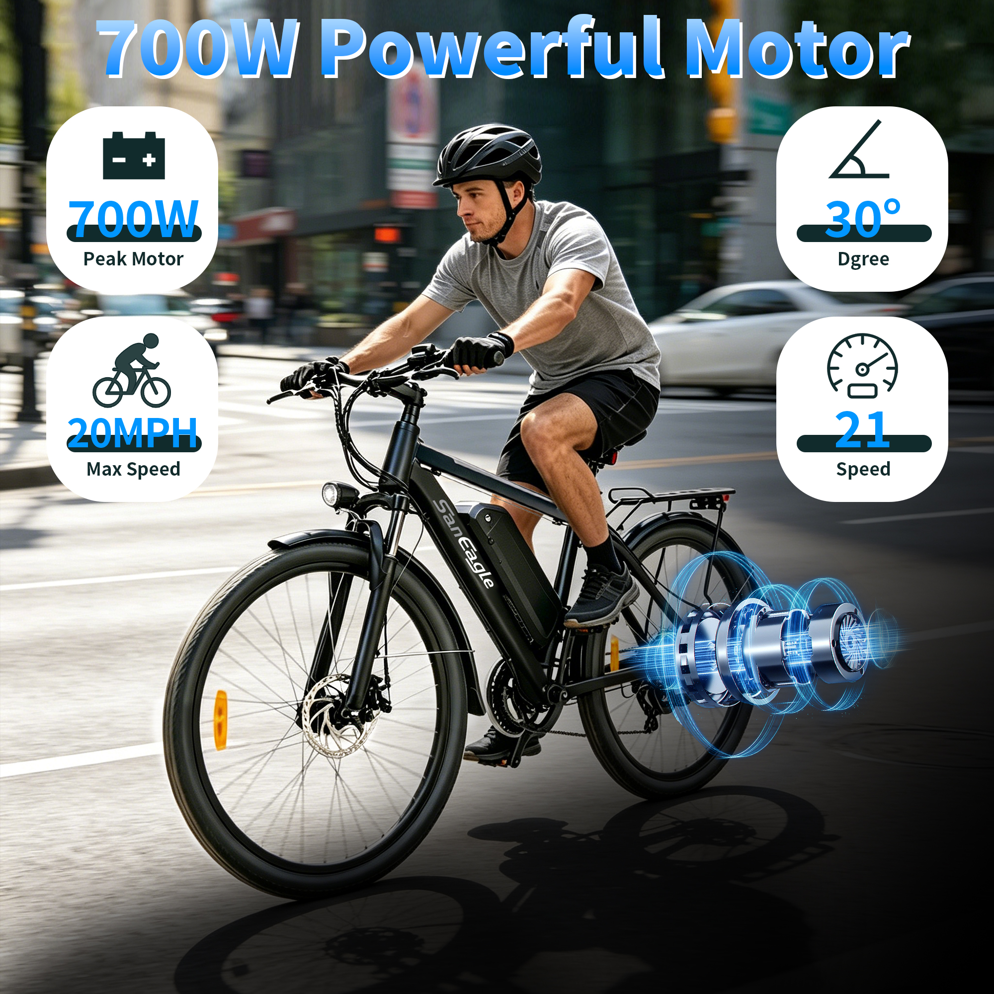 Saneagle 700W City Commuter Electric Bike for Adults, 26 Inch E-Bike with 36V 10.4Ah UL2849 Removable Battery, Shimano 21-Speed Dual Disc Brake Urban Ebike