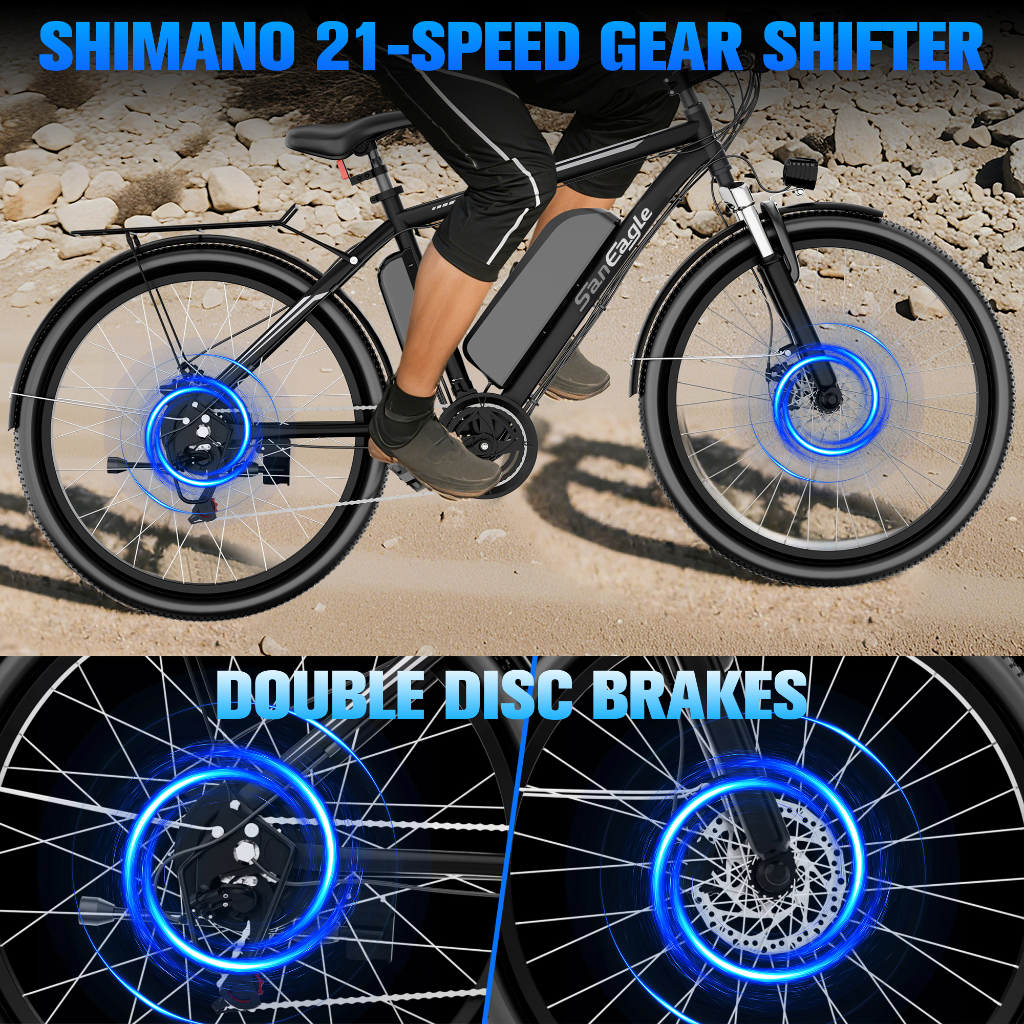Saneagle 500W Electric Bike | 1000W Peak Assist, 52V 15Ah Battery, 26" Tire, Shimano 21-Speed, UL 2849 Certified, Black