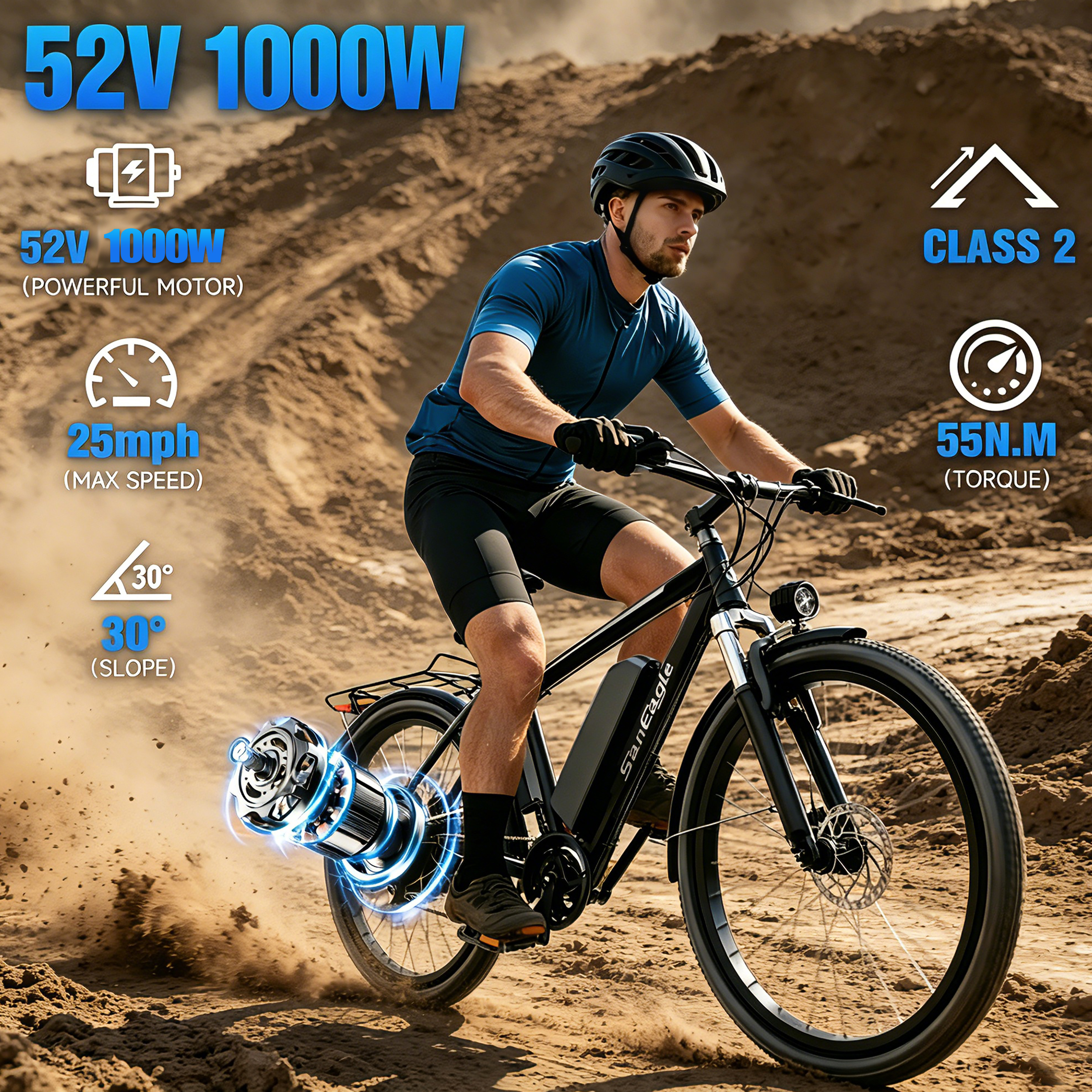 Saneagle Peak 1000W Electric Mountain Bike for Adults, 26" All-Terrain Off-Road E-Bike, 52V 15Ah UL2849 Removable Battery, Shimano 21-Speed, Up to 80 Miles Long Range Commuter Ebike