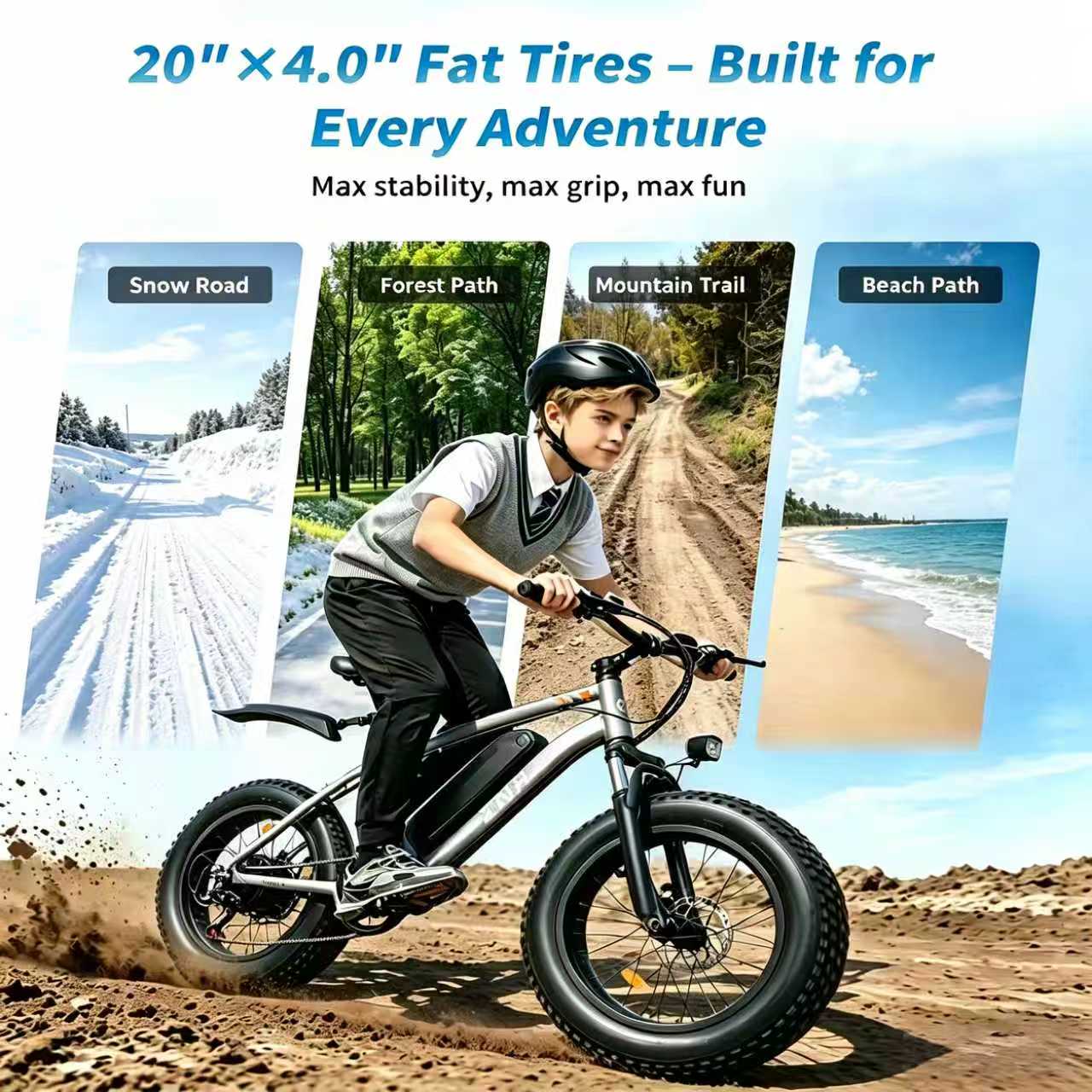 ZNH Peak 1000W Fat Tire Electric Bike for Teens & Adults, 20×4" All-Terrain Off-Road E-Bike, 48V 13Ah UL2849 Removable Battery, Max 20MPH Long Range 40+ Miles Mountain Ebike, Gray