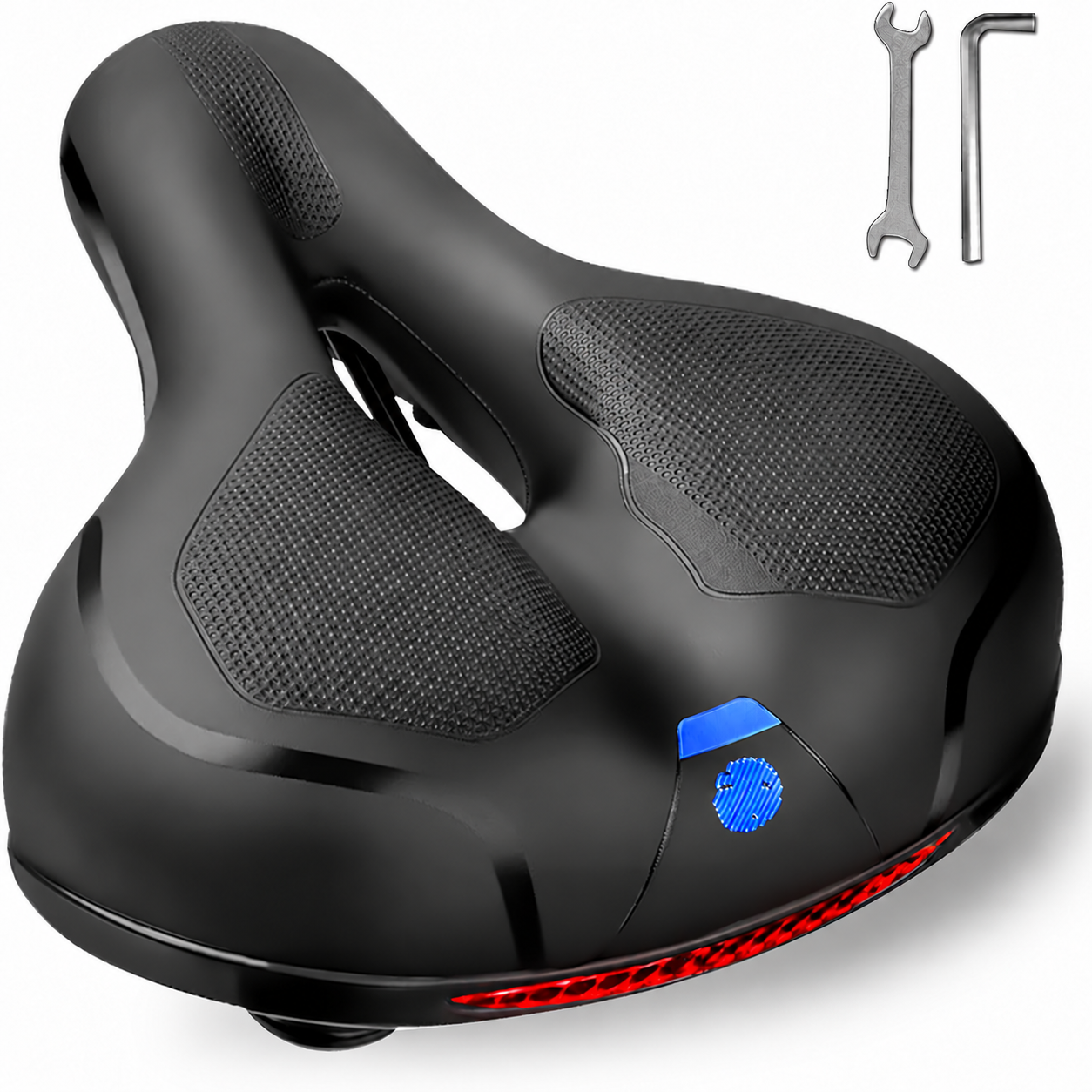 Wide 31.8‘’ Comfort bike Saddle | Memory Foam Padded Bicycle Seat, Hollow Vent & Shock-Absorbing Springs, Rear Reflective Strip, Universal Replacement Seat for E-Bike, Mountain & City Bike, With Install Tools