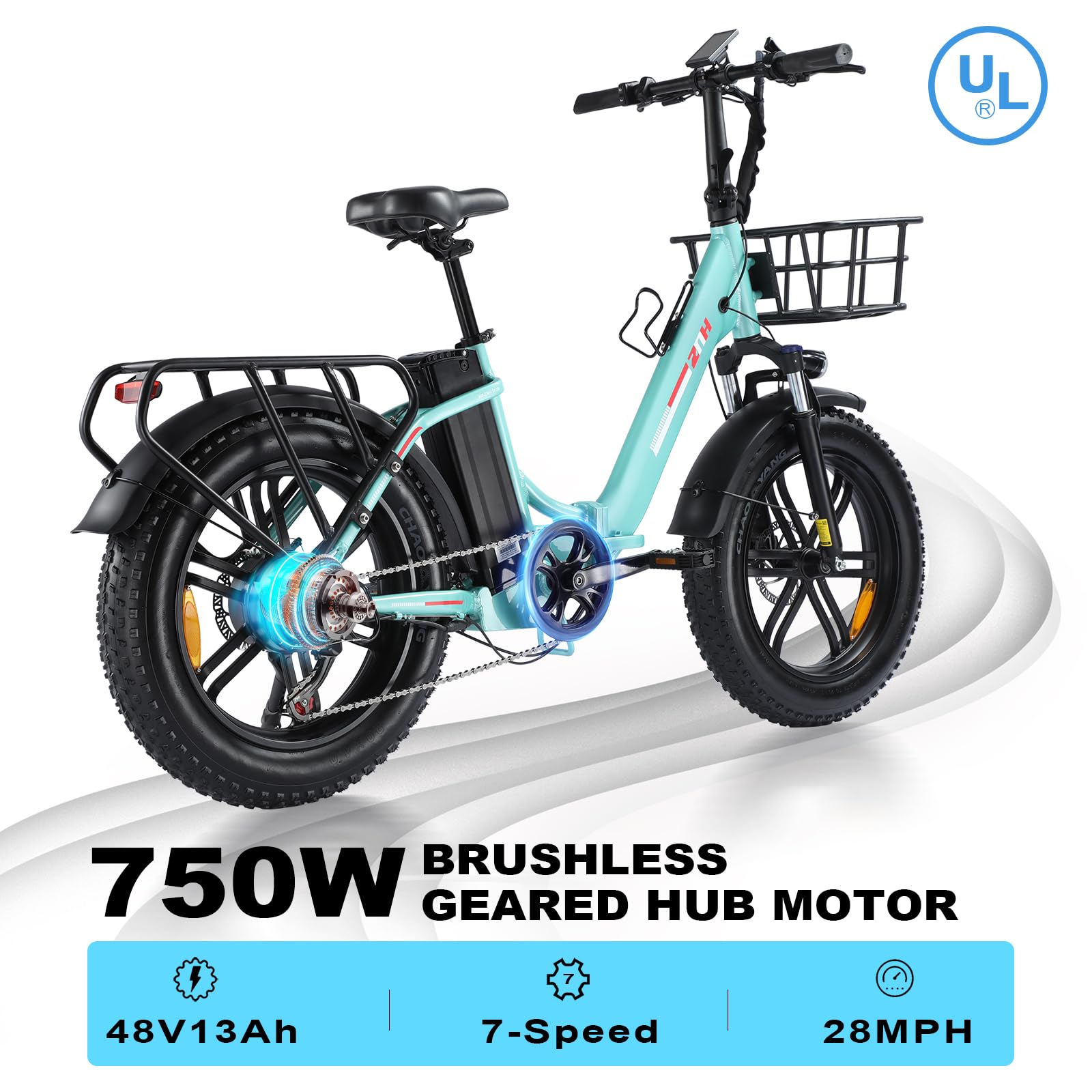 11 Fat Tire Folding Electric Bike for Adults,750W Brushless Motor,Max Speed 28MPH,48V 13Ah Removable Battery Ebike,20" Wide 7-Speed