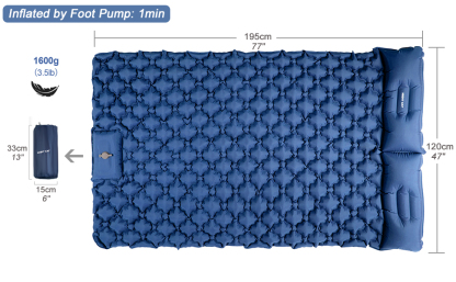 Night Cat Inflatable Double Sleeping Pad Mat Bed with Foot Pump and Double Pillow for Camping Backpacking Hiking Ultra-Light Compact Comfortable 77"x 47"