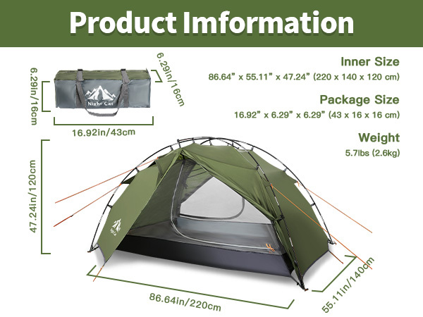Night Cat Backpacking Tents 2 Persons Fast Setup Hiking Camp Tent with Foldable Pole Double Layers Two Doors Waterproof Lightweight Compact 7x4.4ft with Fiberglass Pole