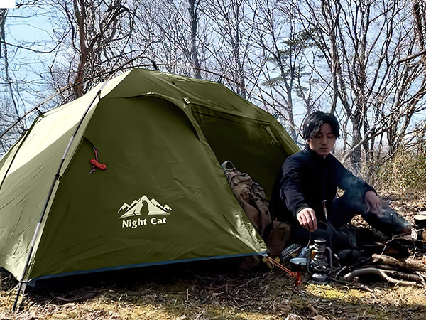Night Cat Backpacking Tents 2 Persons Fast Setup Hiking Camp Tent with Foldable Pole Double Layers Two Doors Waterproof Lightweight Compact 7x4.4ft with Fiberglass Pole