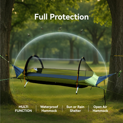 Night Cat Flat Lay Hammock Tent with Mosquito Net Waterproof Rainfly Storage Room for 1 Person Backpacking Hiking Camping Lightweight 440LBS 87x28x19in Army Green