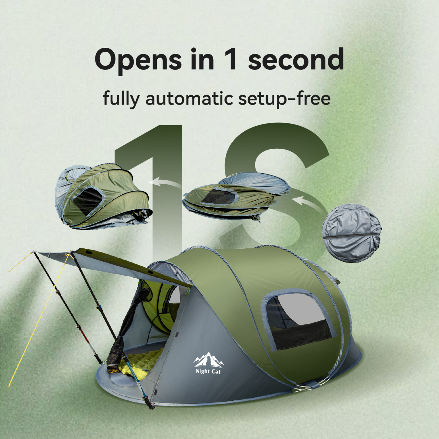 Night Cat Pop-up Camping Tent: 2 Person Pop Out Tent Waterproof Instant Easy Setup Family Tent