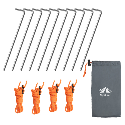 Night Cat Tent Stakes Pegs: 10 Pack Heavy Duty Metal Tent pegs with 2 Meters of Orange Windbreak Ropes*4 for Outdoor Camping Tent