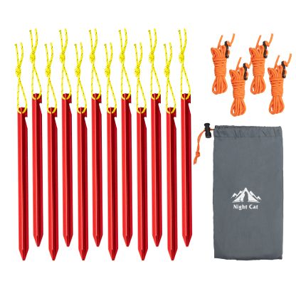Night Cat 12 Pack Tent Stakes: Four-Sided Aluminum Pegs with Reflective Pull Ropes for Camping Hiking Garden
