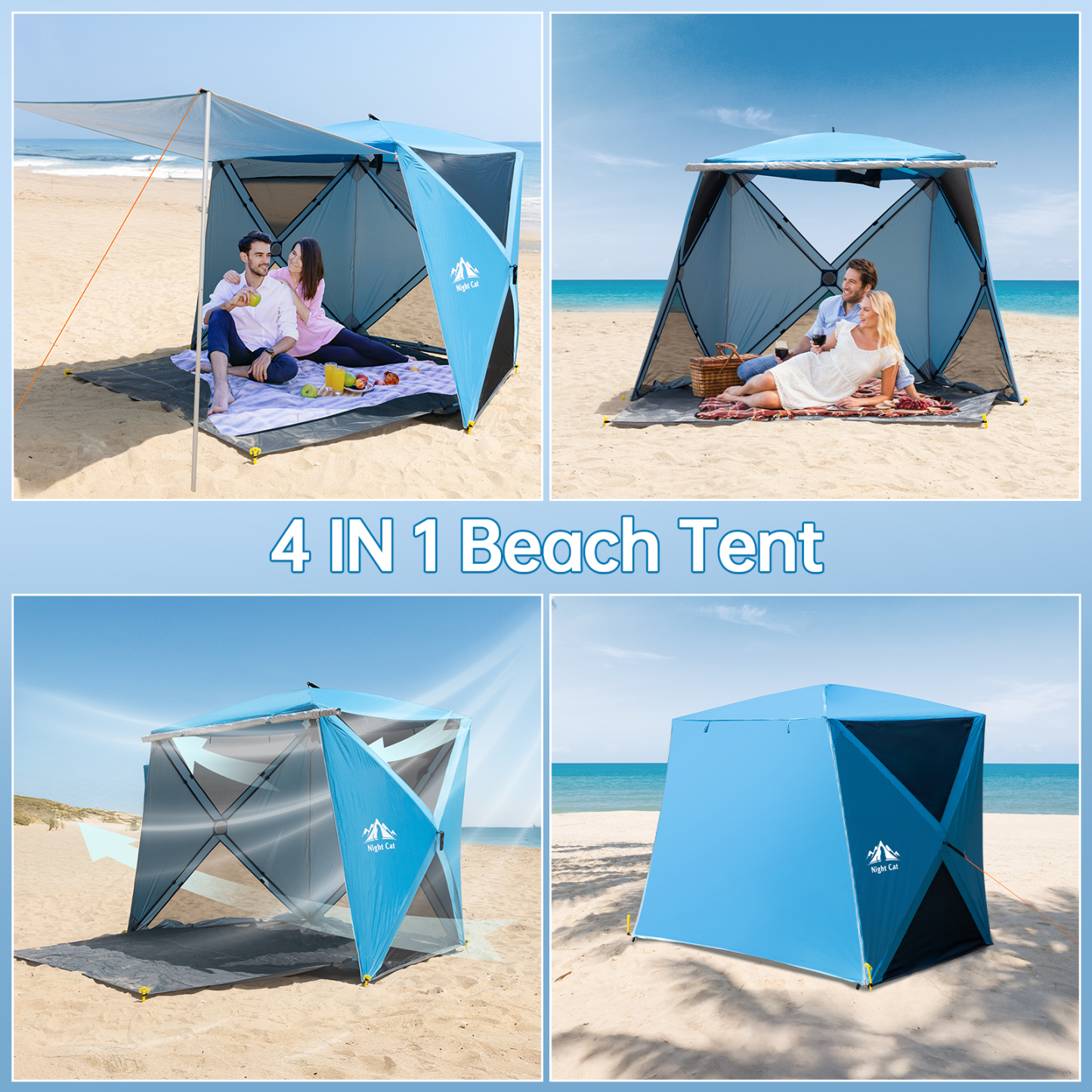 Night Cat Pop-up Beach Tent: 3 4 Persons Beach Shelter with Canopy and Footprint, UPF 50+ UV Protection Backyard Camping Outdoor Canopy Poles Not Included