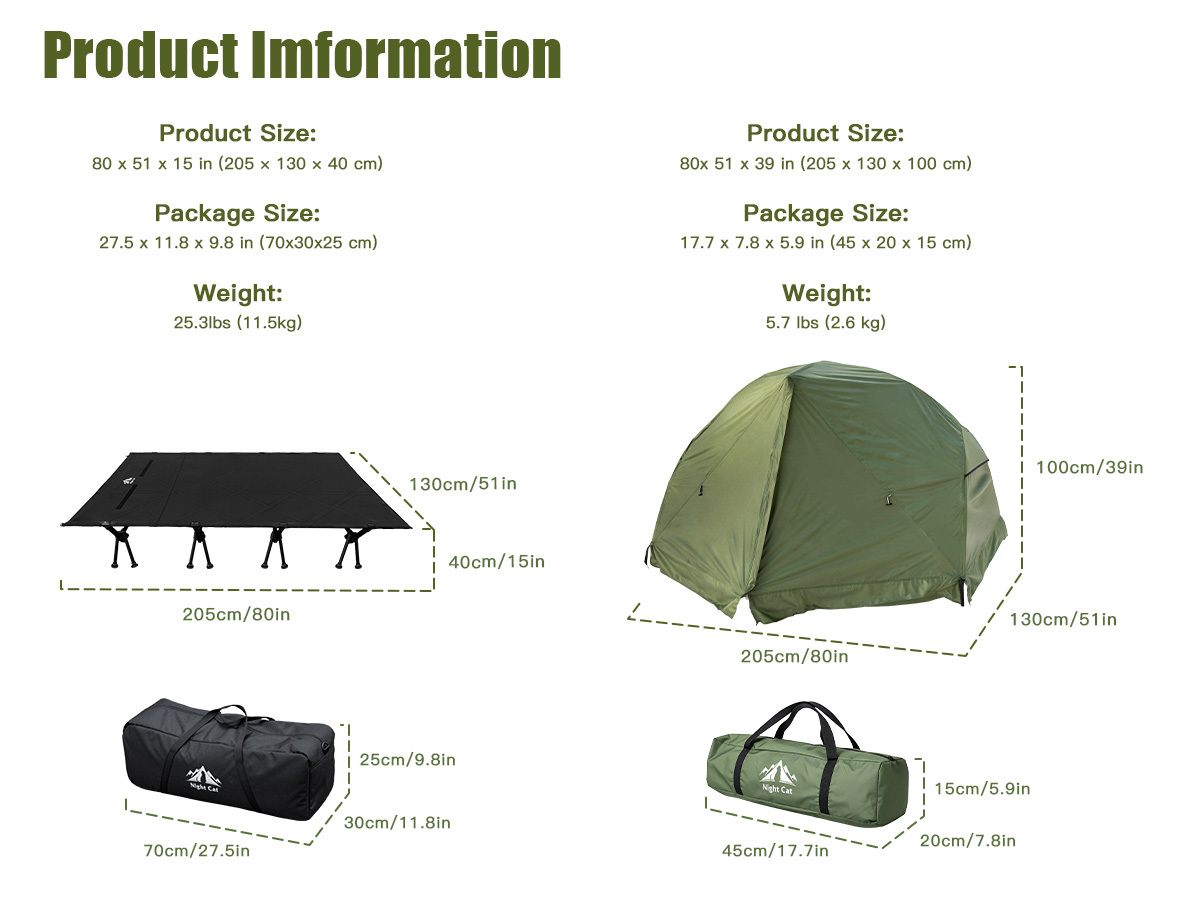 Night Cat 2-Person Cot Tent: Waterproof Vestibule Portable Tent Cot Combo for Outdoor Camping 80.7x51x40in 	51.1'' Width 