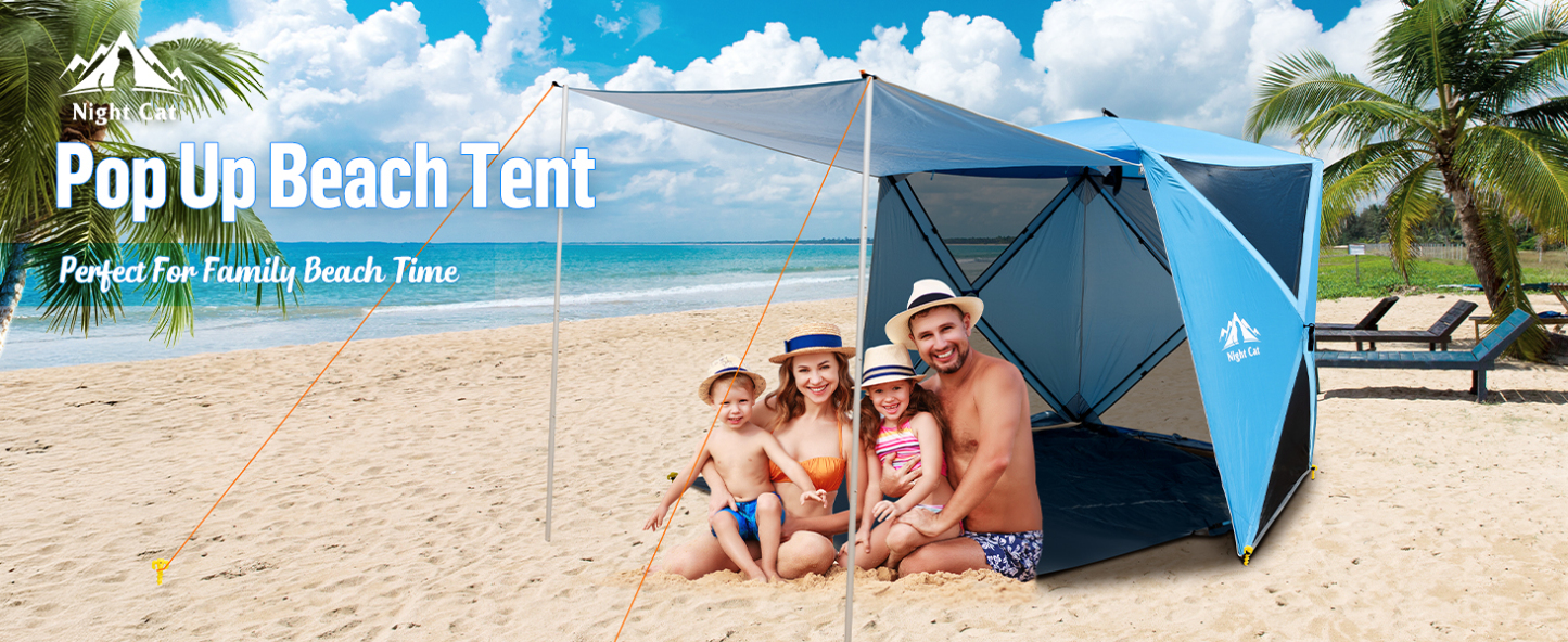 Night Cat Pop-up Beach Tent: 3 4 Persons Beach Shelter with Canopy and Footprint, UPF 50+ UV Protection Backyard Camping Outdoor Canopy Poles Not Included