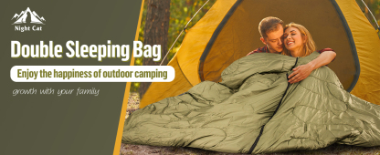 Night Cat Double Sleeping Bag: 2 Person Sleeping Bags for Adults Cold Weather Camping Cotton Green