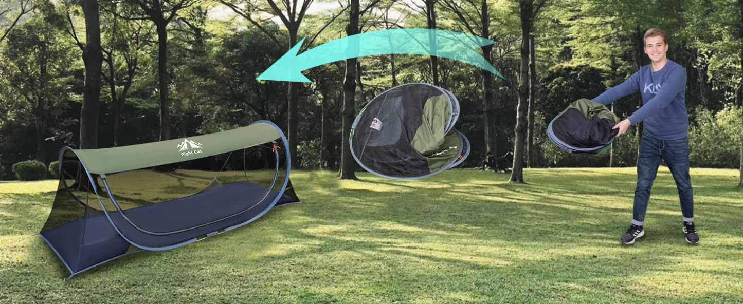 Night Cat Pop-up Mosquito Tent: 1 Person Camping Tent with Bug Screen Net Easy Set-up Tent Fits with Camping Cot (Exclueded)