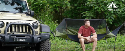 Night Cat Flat Lay Hammock Tent with Mosquito Net Waterproof Rainfly Storage Room for 1 Person Backpacking Hiking Camping Lightweight 440LBS 87x28x19in Army Green
