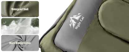 Night Cat Double Sleeping Bag: 2 Person Sleeping Bags for Adults Cold Weather Camping Cotton Green