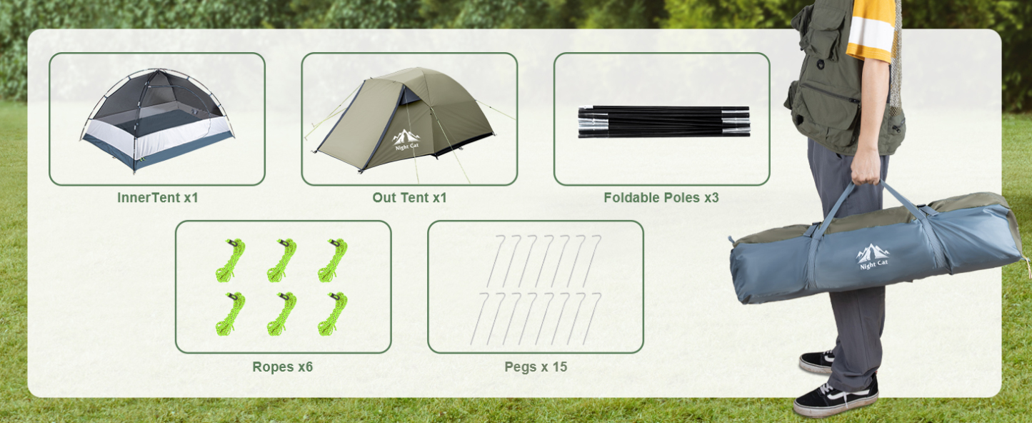 Night Cat Camping Tent 2 3 Persons with Porch Family Backpacking Tent Double Layers Waterproof Easy Clip Setup 7x6x4.3ft Porch Pole Not Inlcuded