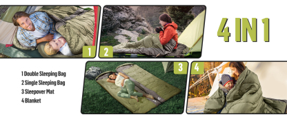 Night Cat Double Sleeping Bag: 2 Person Sleeping Bags for Adults Cold Weather Camping Cotton Green
