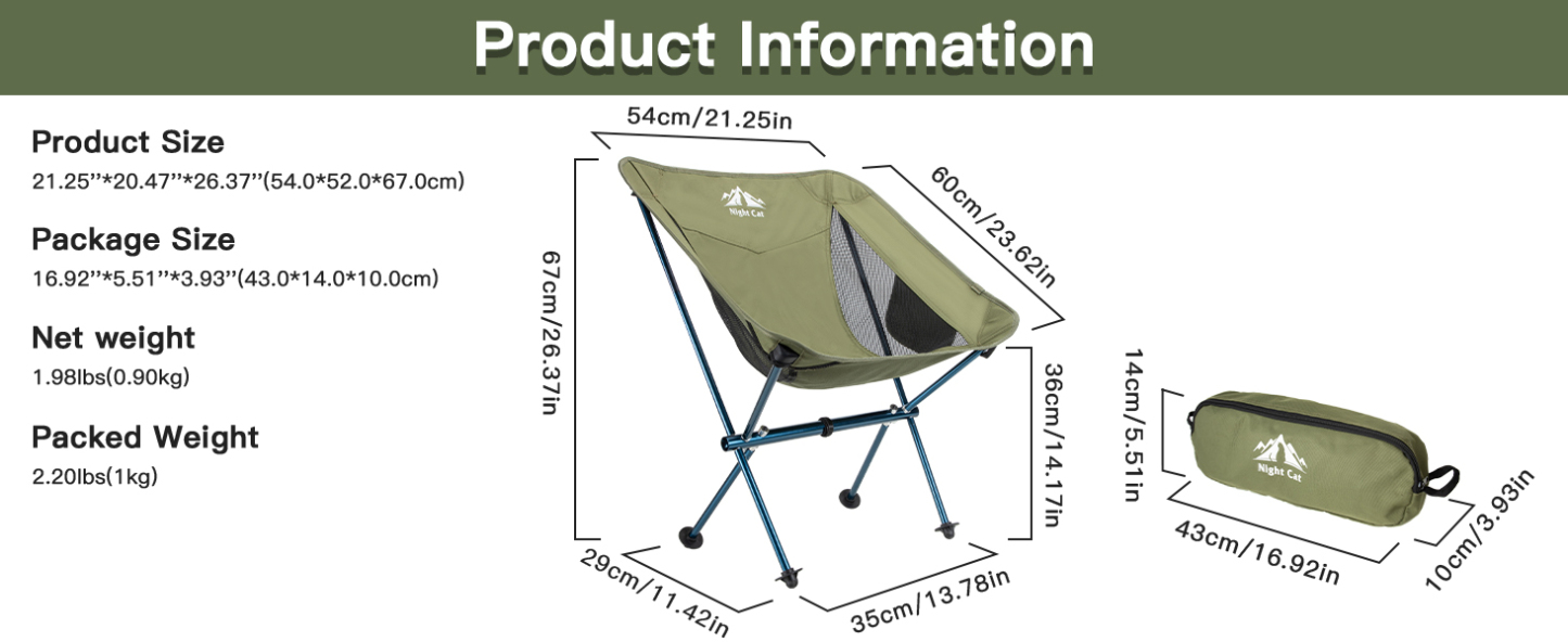 Night Cat Backpacking Chair Ultralight: Camping Chairs Foldable Portable Compact Supports 330 LBS Green