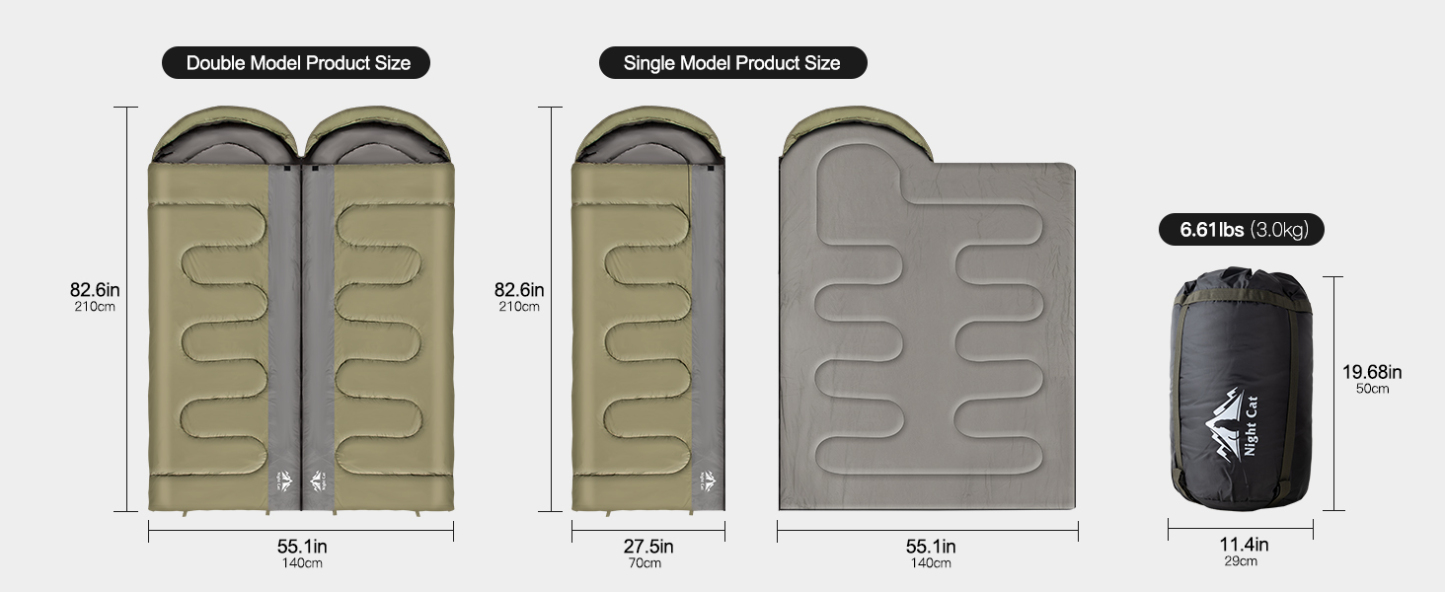 Night Cat Double Sleeping Bag: 2 Person Sleeping Bags for Adults Cold Weather Camping Cotton Green