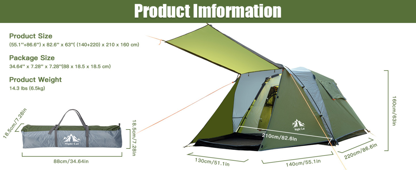 Night Cat Cabin Tent with Vestibule: 3 Persons Pop Up Camping Tent Double Layers Easy Quick Setup Waterproof